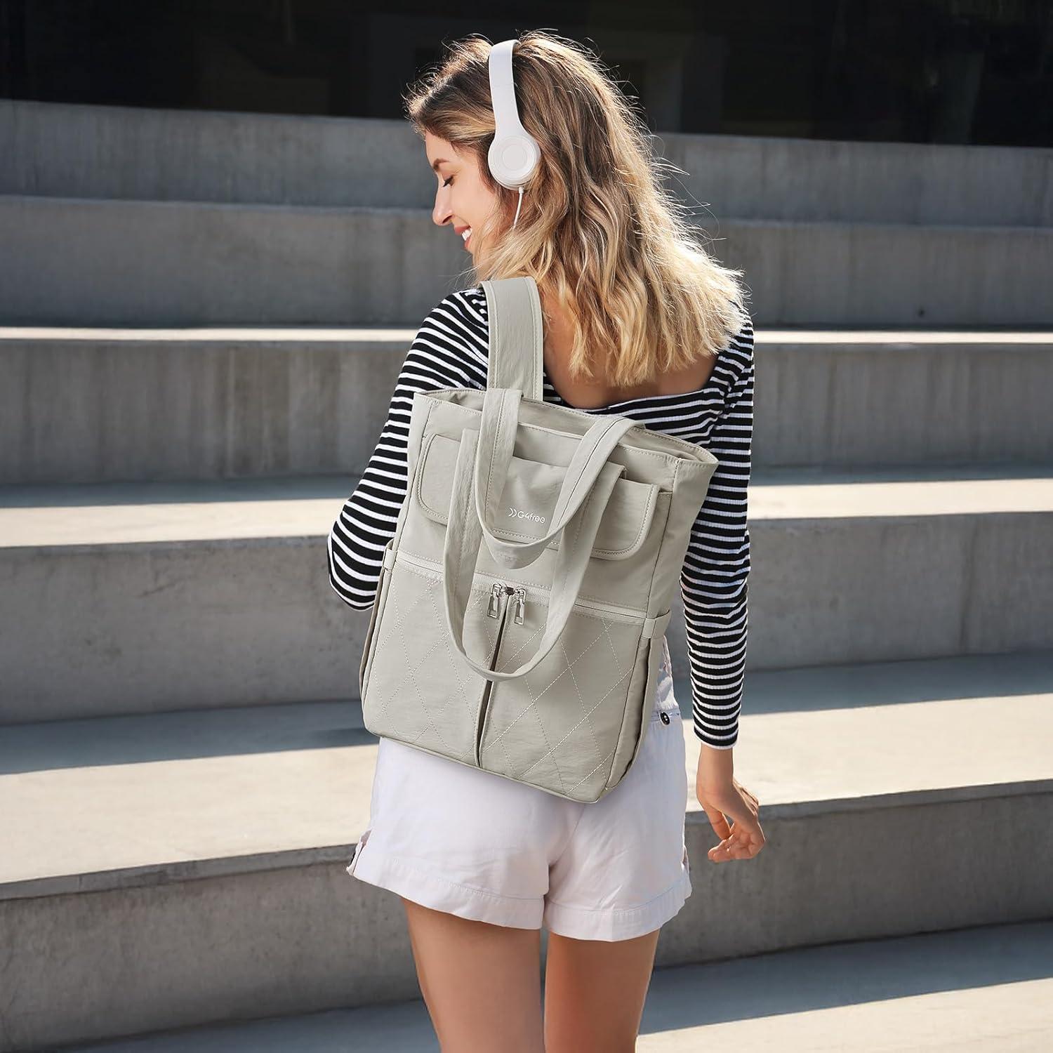 imageG4Free 2 in 1 Slim Tote Backpack 15quot Laptop Backpack Work Daypack for WomenBeige