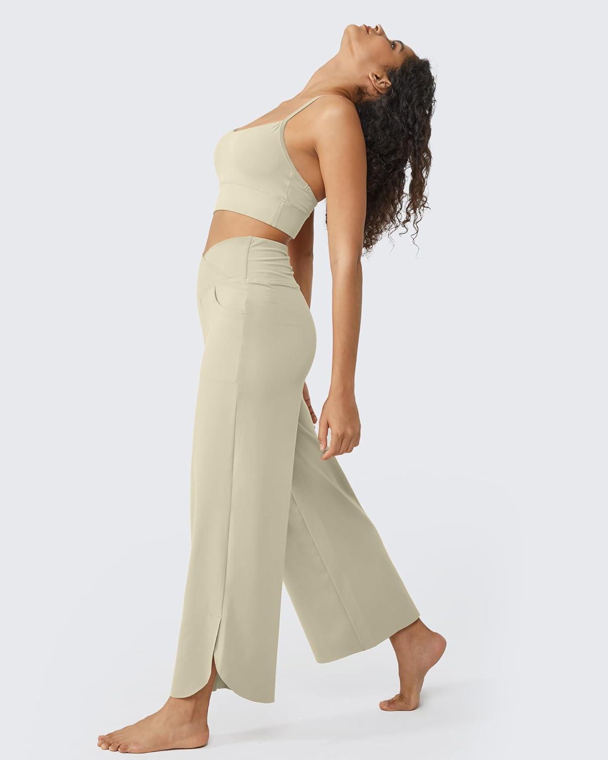imageG4Free 252729 Wide Leg Pants for Women Ankle Length Loose Yoga Cross High Waist Dance Casual Pants with PocketsApricot