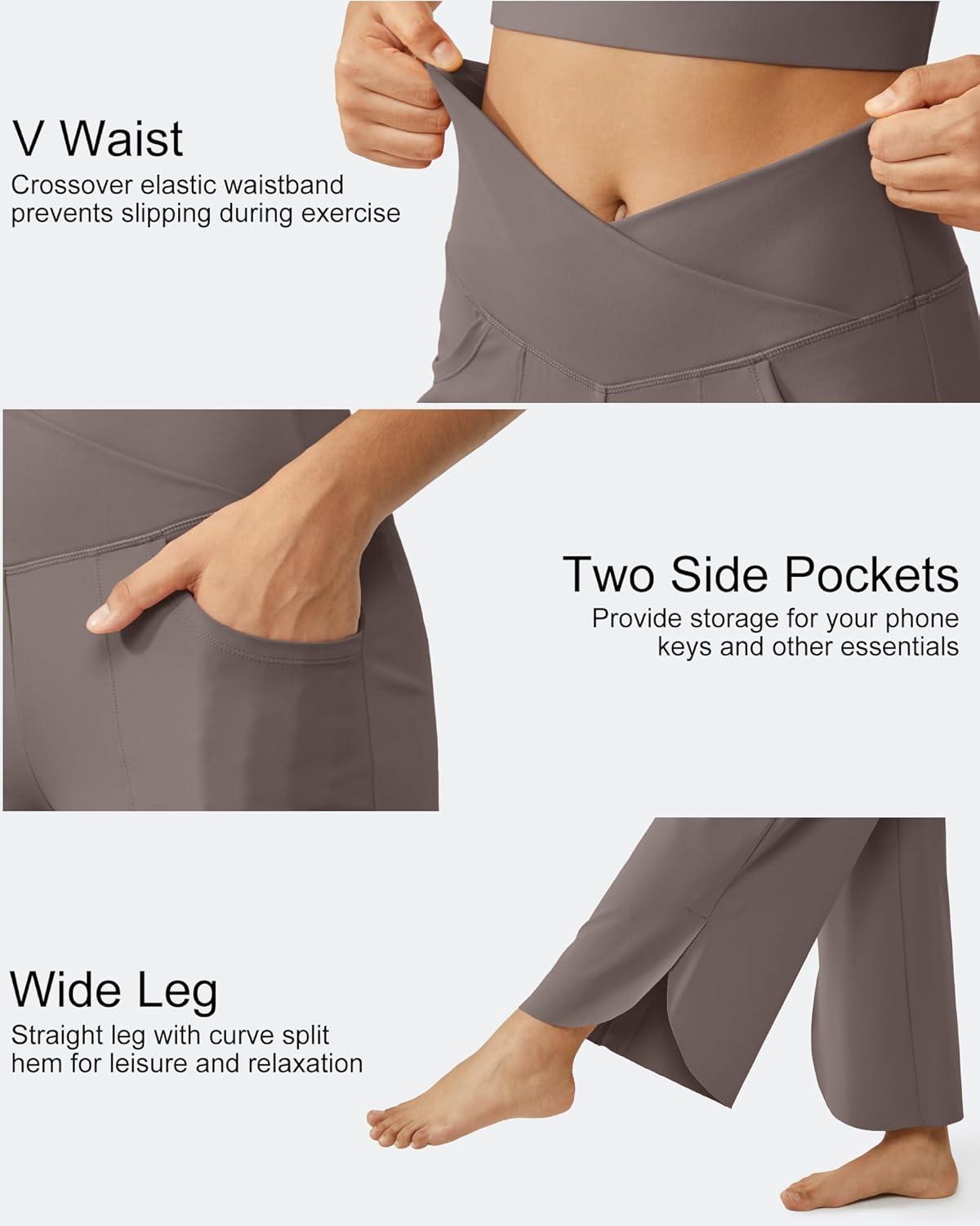 imageG4Free 252729 Wide Leg Pants for Women Ankle Length Loose Yoga Cross High Waist Dance Casual Pants with PocketsTaupe