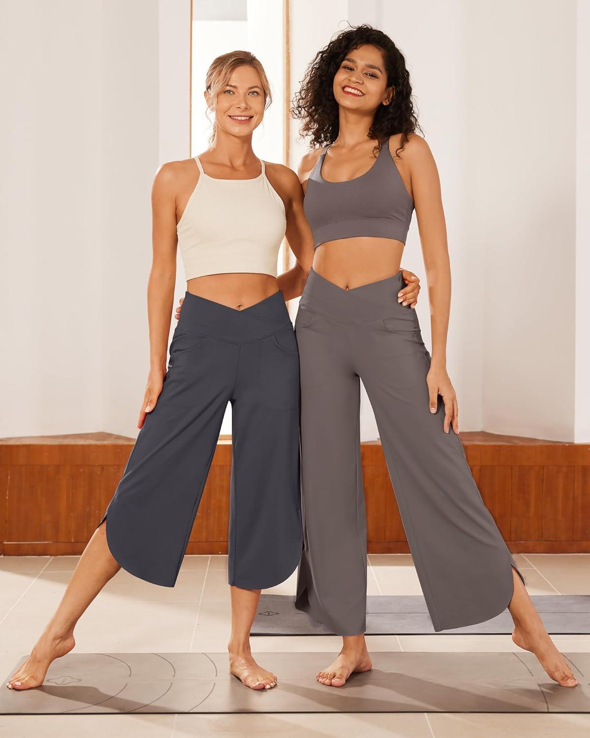 imageG4Free 252729 Wide Leg Pants for Women Ankle Length Loose Yoga Cross High Waist Dance Casual Pants with PocketsTaupe