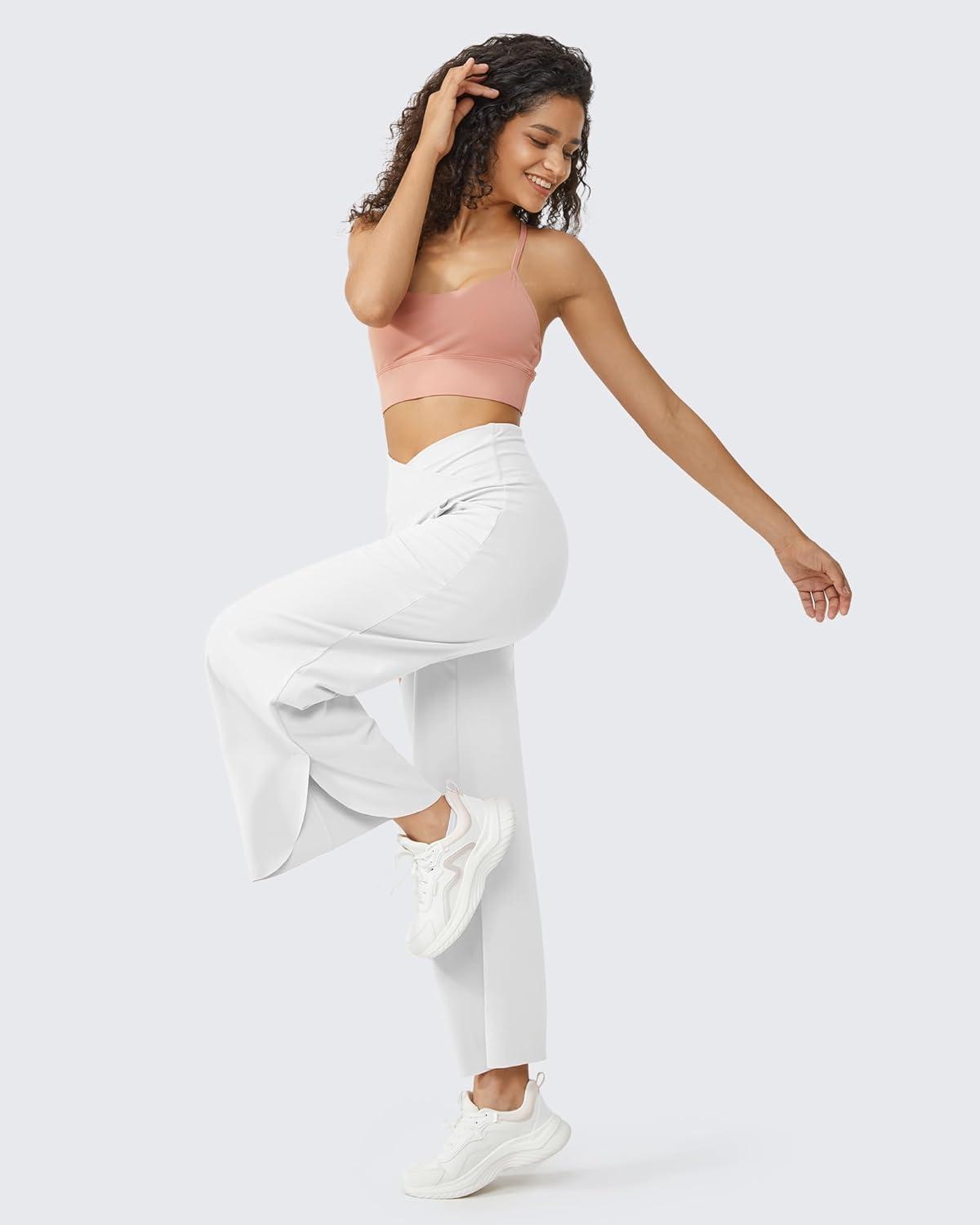 imageG4Free 252729 Wide Leg Pants for Women Ankle Length Loose Yoga Cross High Waist Dance Casual Pants with PocketsWhite