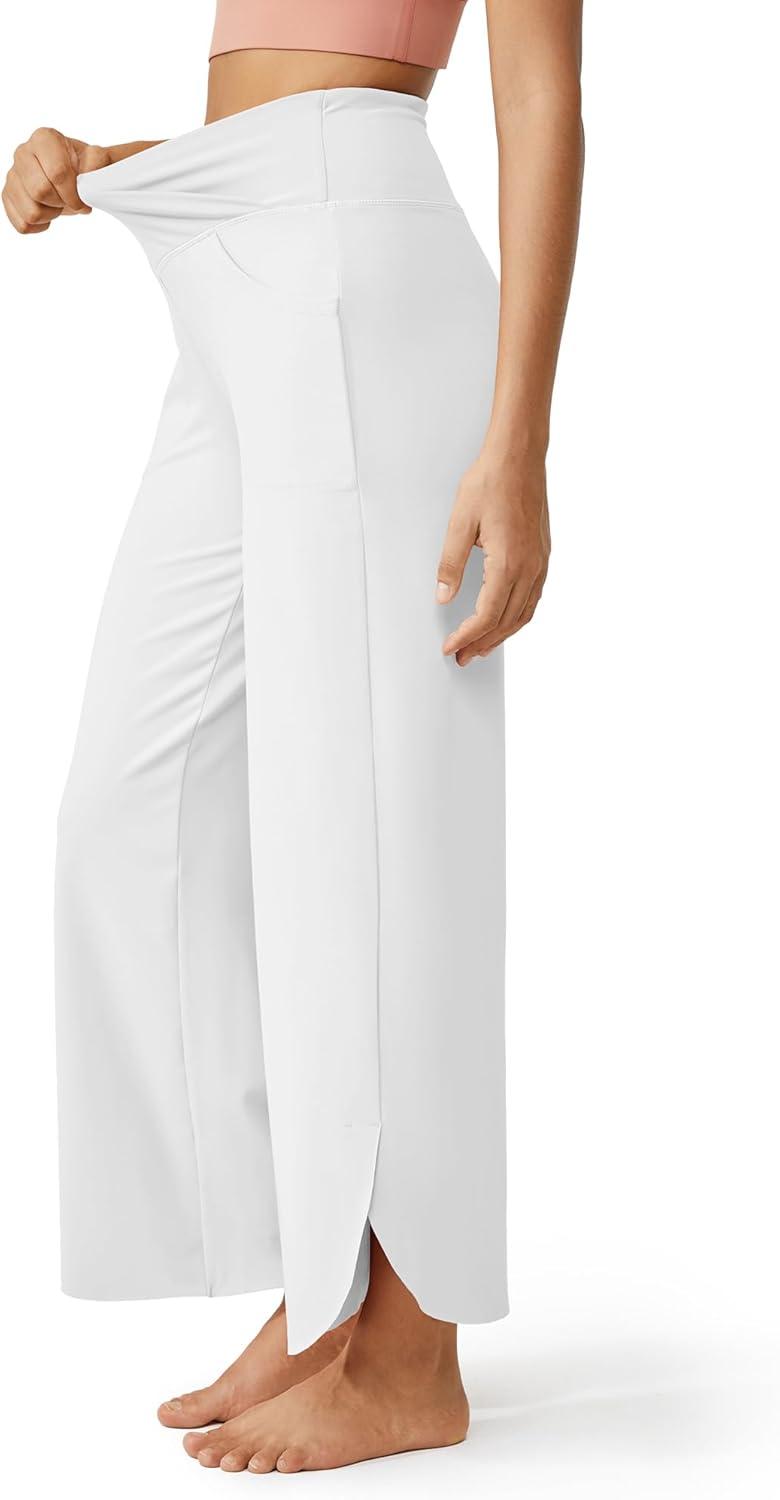 imageG4Free 252729 Wide Leg Pants for Women Ankle Length Loose Yoga Cross High Waist Dance Casual Pants with PocketsWhite
