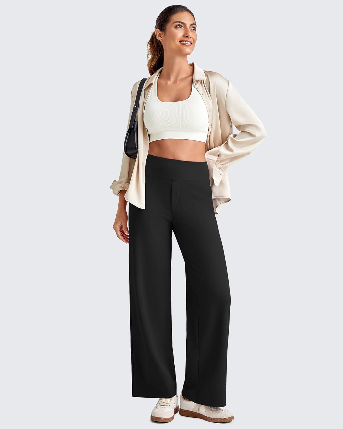 imageG4Free 255275295 Wide Leg Pants for Women 78 Length Yoga Dress Pants High Waist Stretch with Pockets Casual WorkBlack