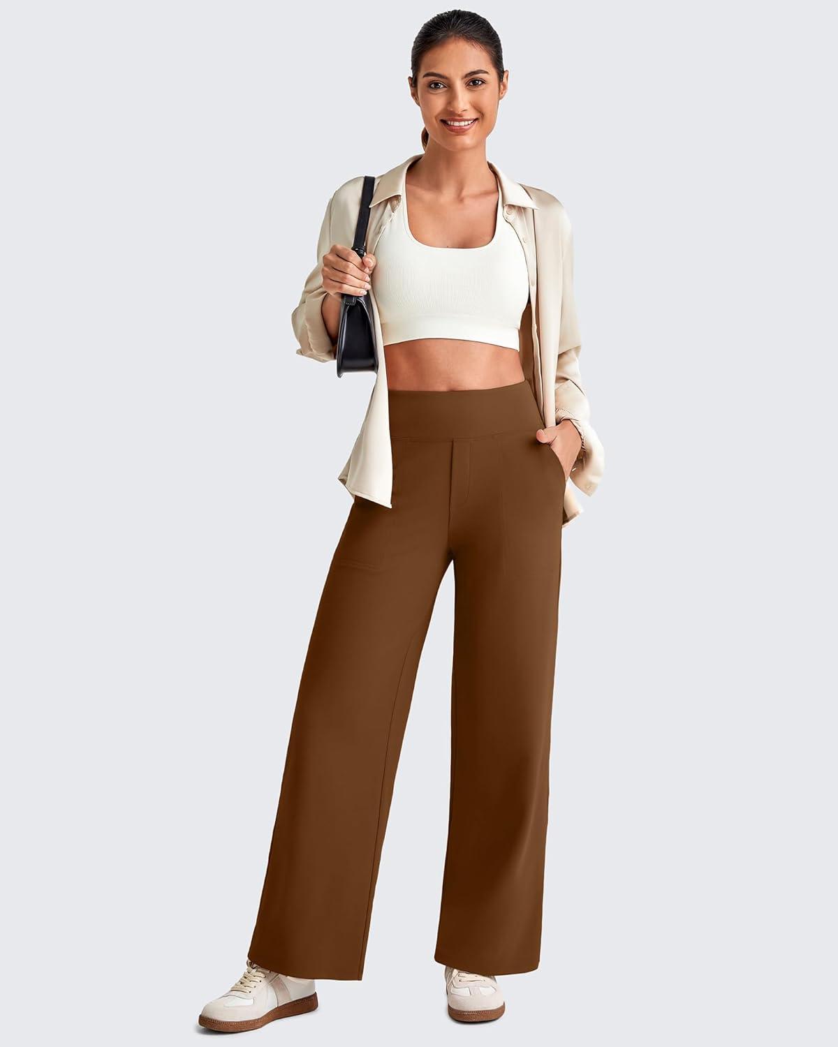 imageG4Free 255275295 Wide Leg Pants for Women 78 Length Yoga Dress Pants High Waist Stretch with Pockets Casual WorkDark Coffee