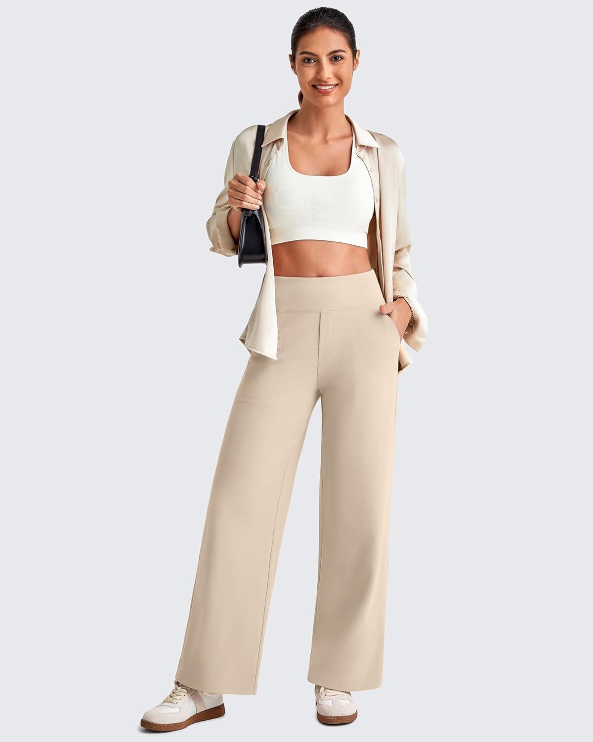 imageG4Free 255275295 Wide Leg Pants for Women 78 Length Yoga Dress Pants High Waist Stretch with Pockets Casual WorkLight Khaki