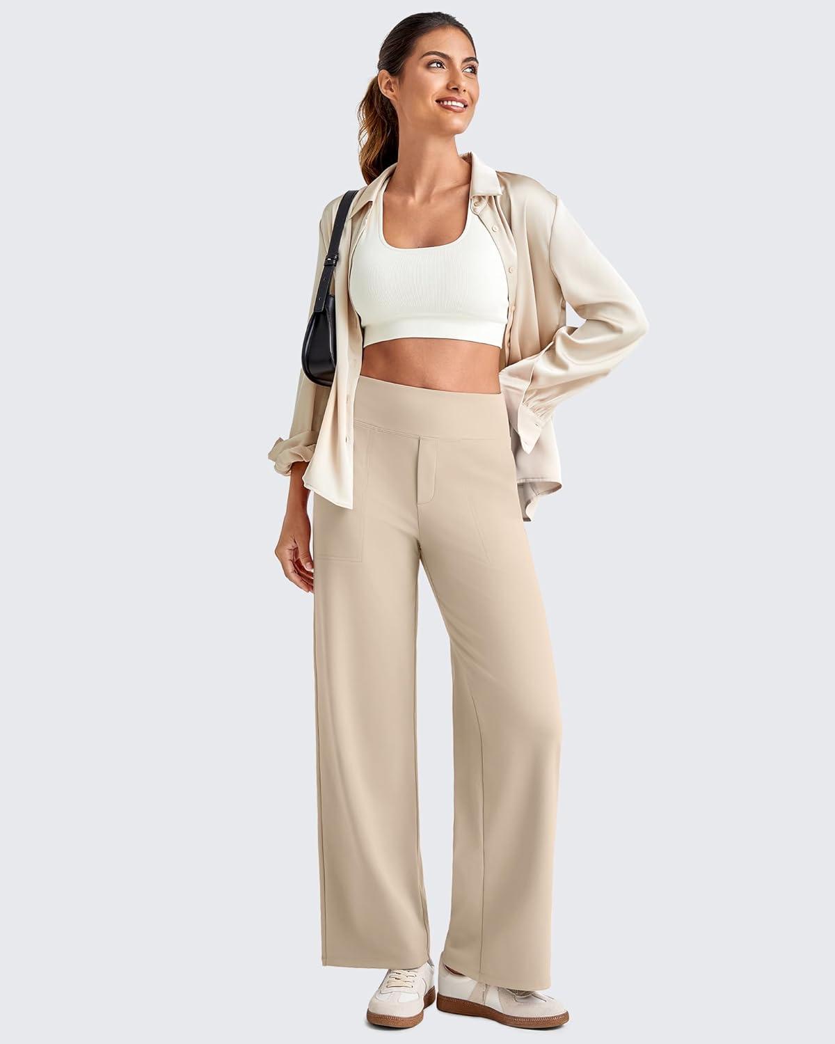 imageG4Free 255275295 Wide Leg Pants for Women 78 Length Yoga Dress Pants High Waist Stretch with Pockets Casual WorkLight Khaki