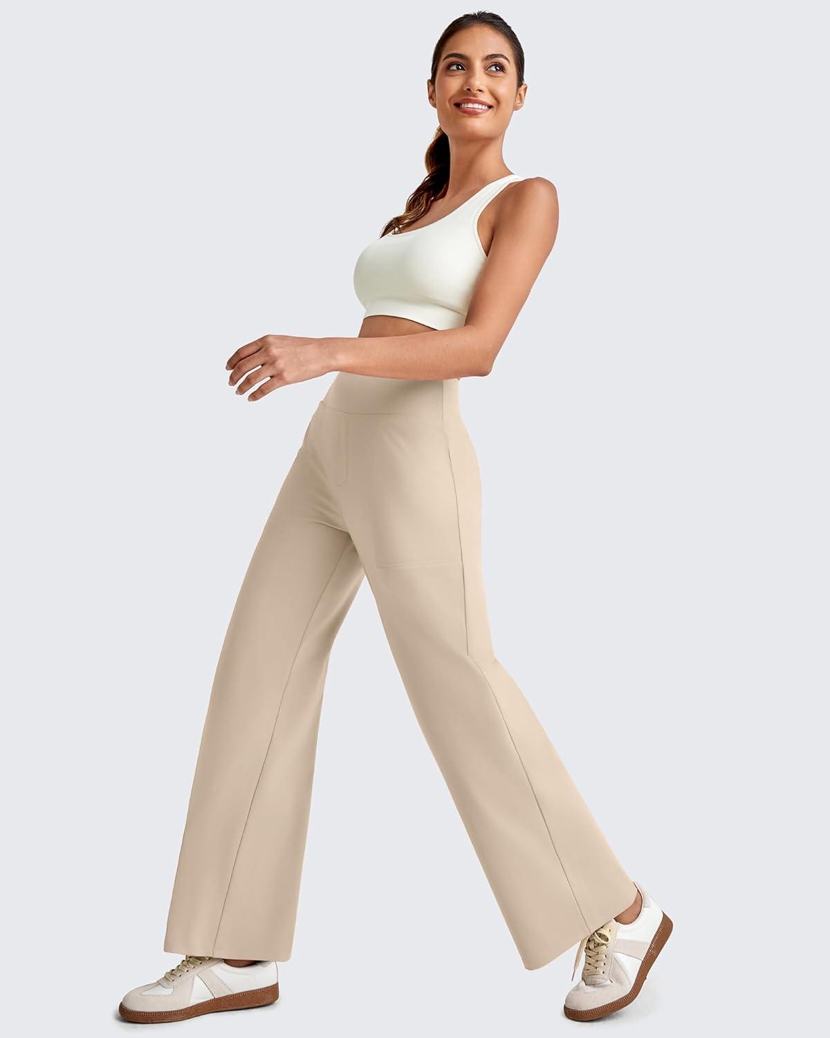 imageG4Free 255275295 Wide Leg Pants for Women 78 Length Yoga Dress Pants High Waist Stretch with Pockets Casual WorkLight Khaki