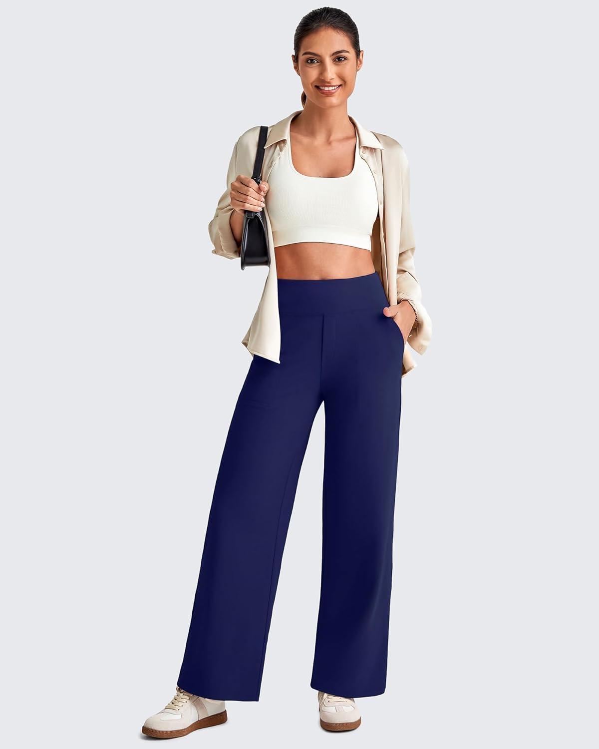 imageG4Free 255275295 Wide Leg Pants for Women 78 Length Yoga Dress Pants High Waist Stretch with Pockets Casual WorkRoyal Blue