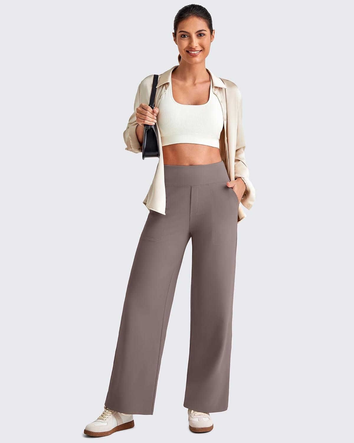 imageG4Free 255275295 Wide Leg Pants for Women 78 Length Yoga Dress Pants High Waist Stretch with Pockets Casual WorkTaupe