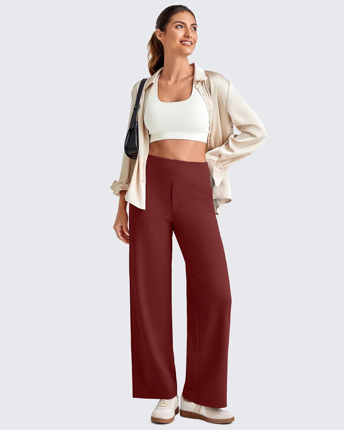 imageG4Free 255275295 Wide Leg Pants for Women 78 Length Yoga Dress Pants High Waist Stretch with Pockets Casual WorkWine