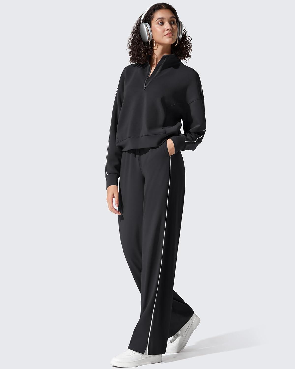 imageG4Free Athletic Wide Leg Sweatpants Yoga Pants with Pockets Drawcord Casual Lounge PantsBlack