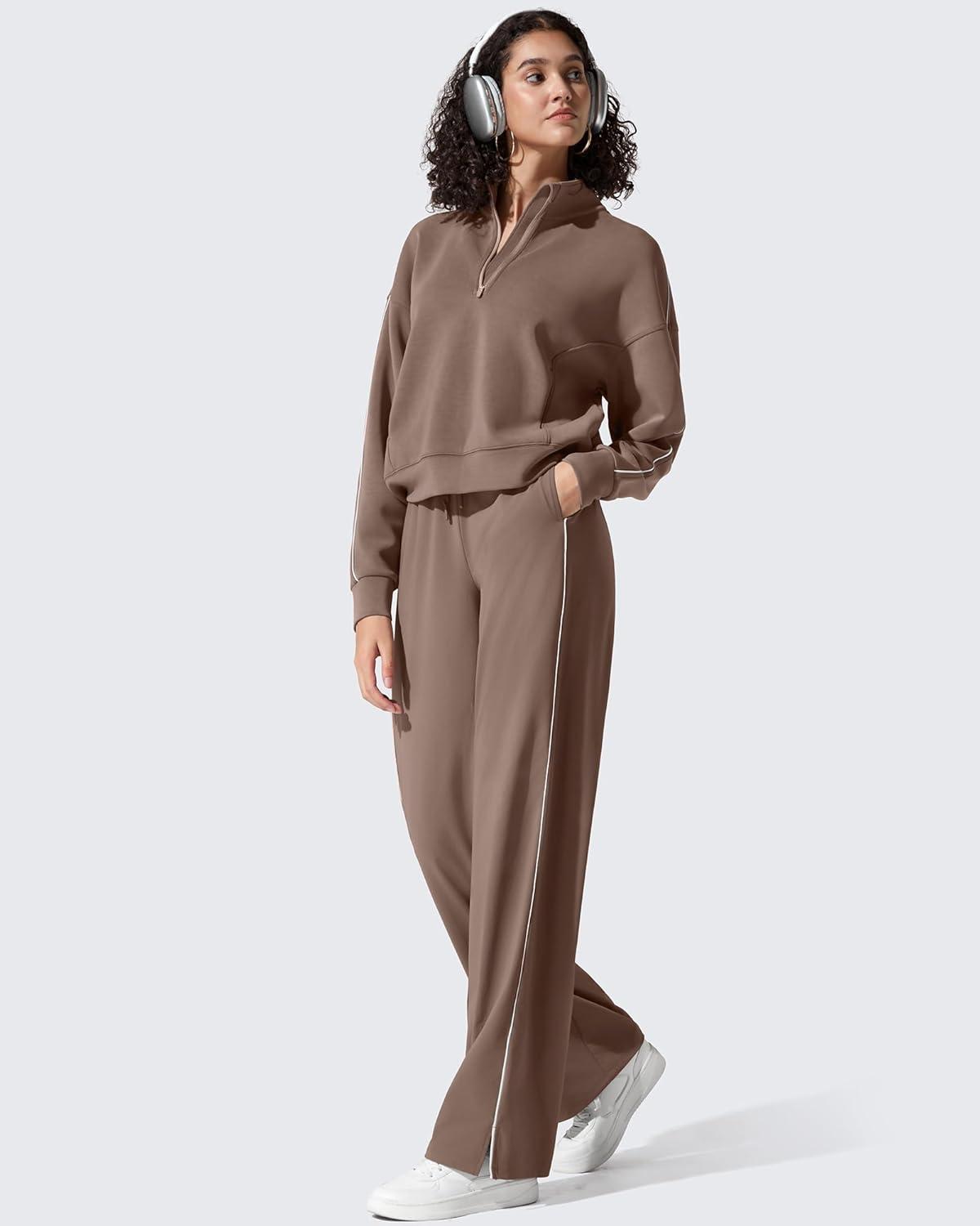 imageG4Free Athletic Wide Leg Sweatpants Yoga Pants with Pockets Drawcord Casual Lounge PantsMocha Cream