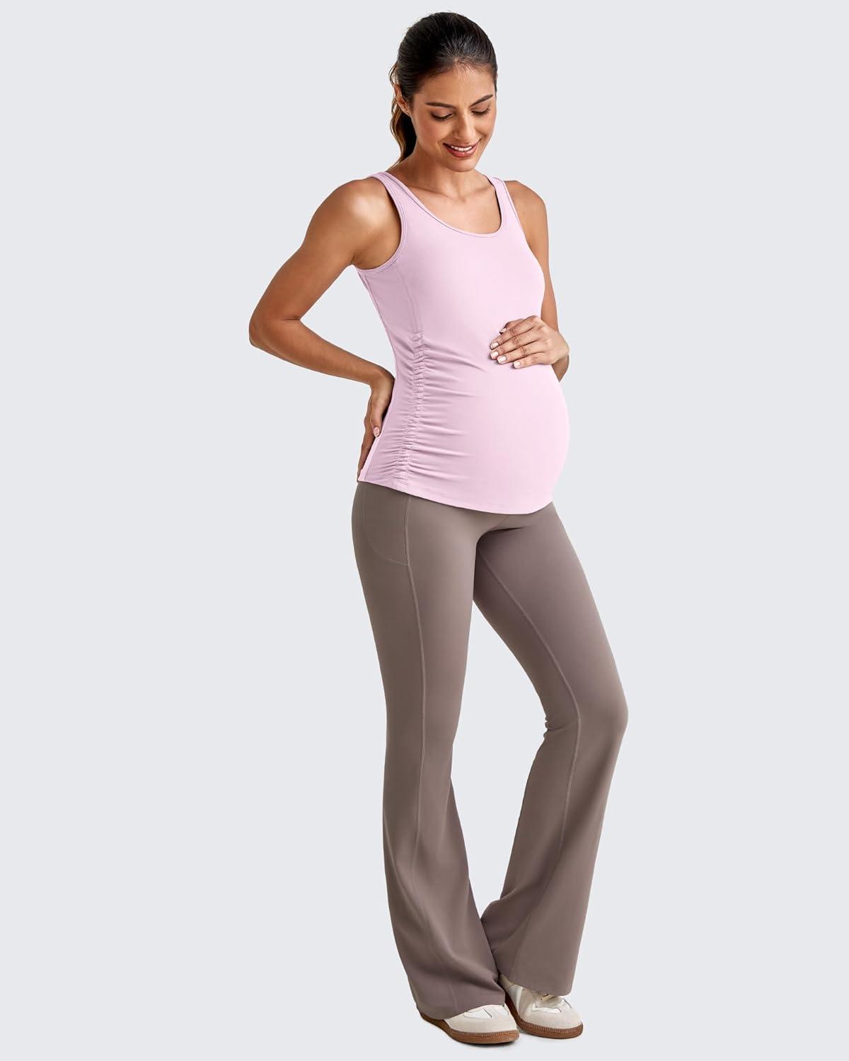 imageG4Free BareFeel Built in Bra Maternity Tank Tops with Removable Pads Ruched Sleeveless Stretchy Pregnancy Yoga Workout ShirtsPink