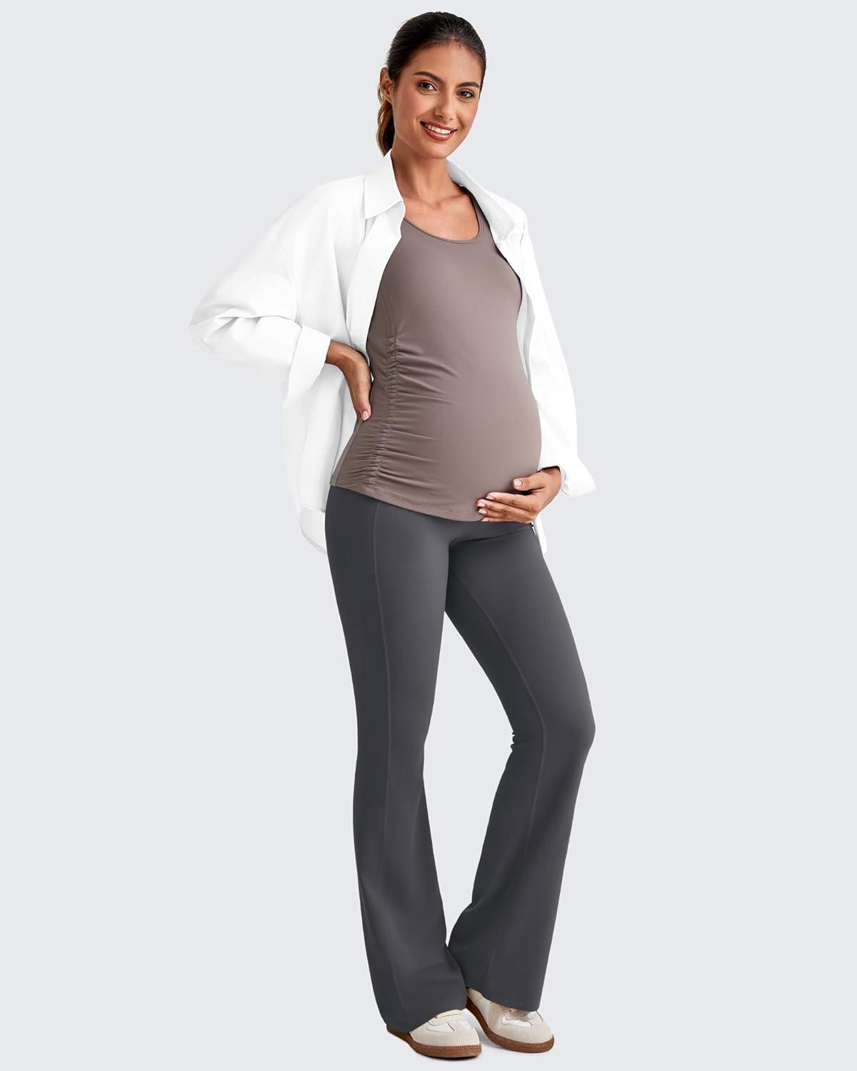 imageG4Free BareFeel Built in Bra Maternity Tank Tops with Removable Pads Ruched Sleeveless Stretchy Pregnancy Yoga Workout ShirtsTaupe