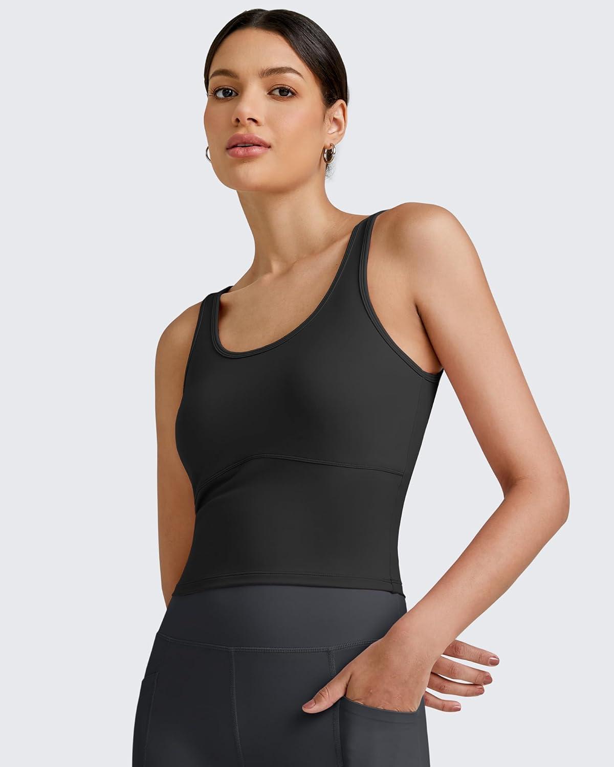 imageG4Free BareFeel Built in Bra Workout Tank Tops Removable Padded Longline Sports Bras Waist Length Athletic TanksBlack