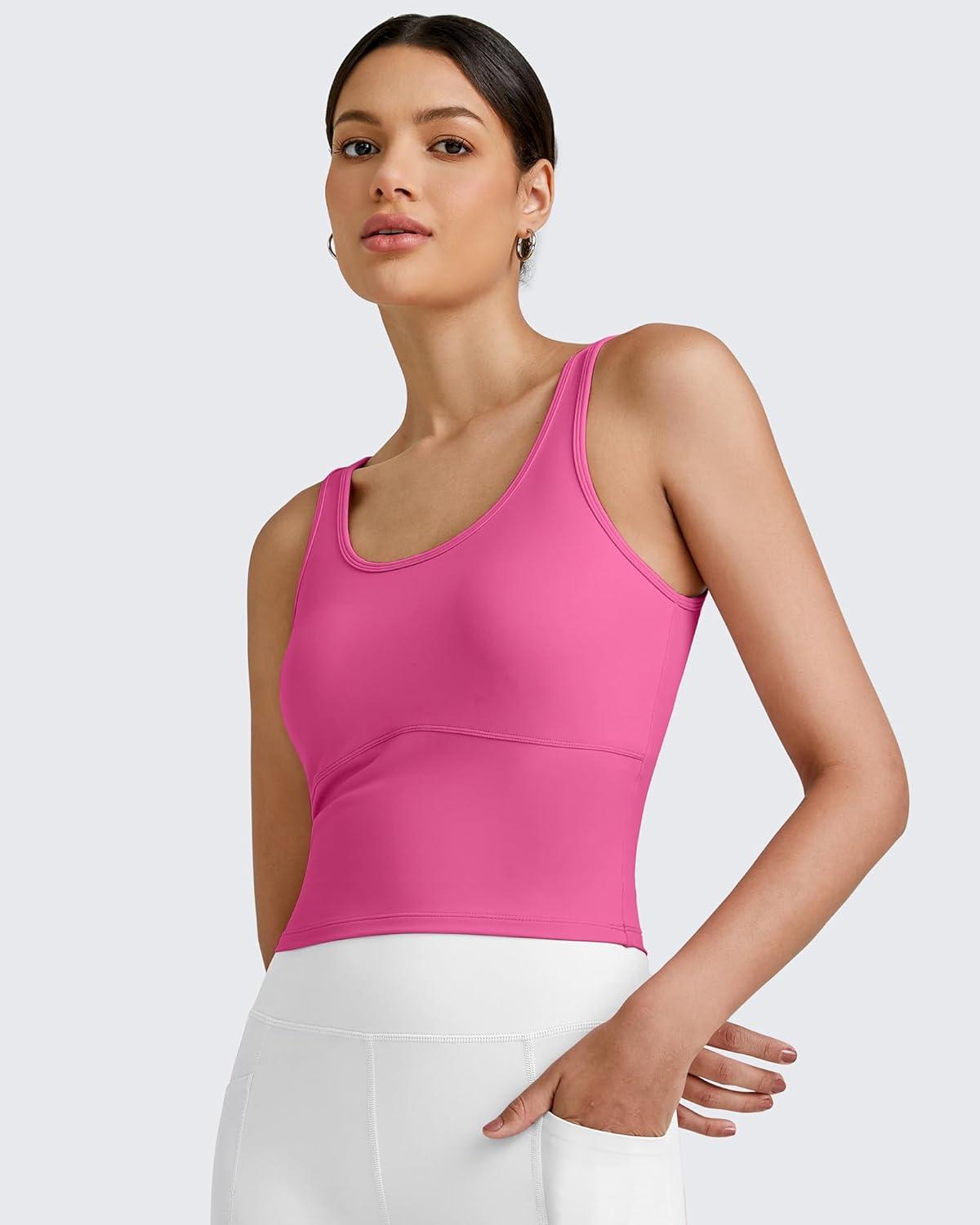 imageG4Free BareFeel Built in Bra Workout Tank Tops Removable Padded Longline Sports Bras Waist Length Athletic TanksHot Pink
