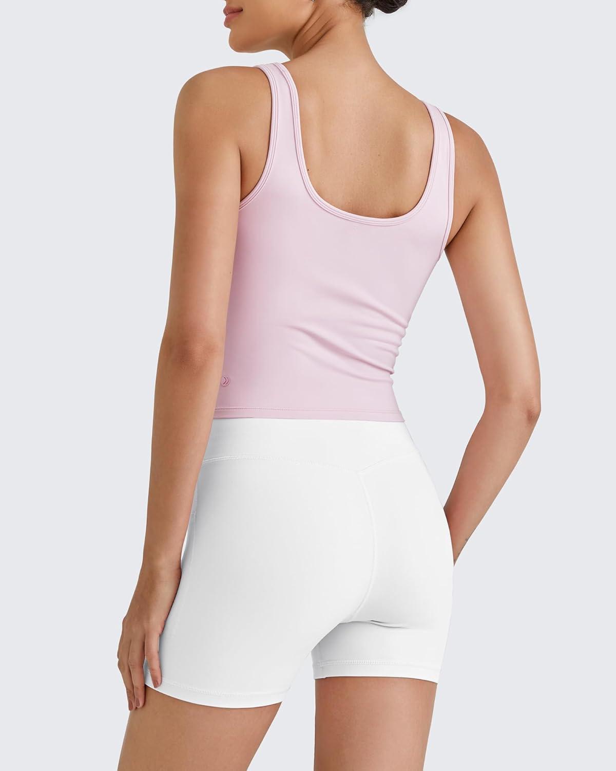 imageG4Free BareFeel Built in Bra Workout Tank Tops Removable Padded Longline Sports Bras Waist Length Athletic TanksPink