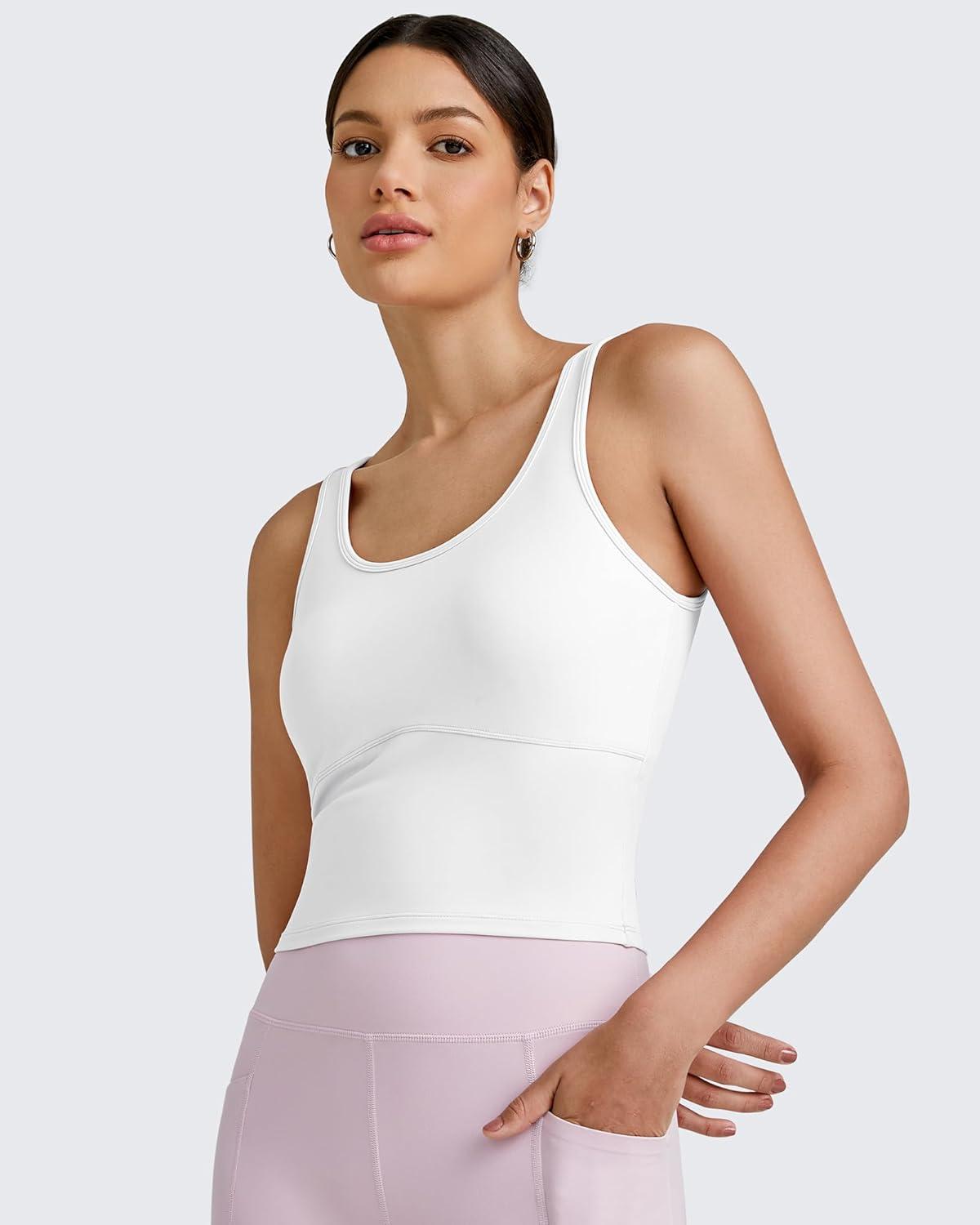 imageG4Free BareFeel Built in Bra Workout Tank Tops Removable Padded Longline Sports Bras Waist Length Athletic TanksWhite