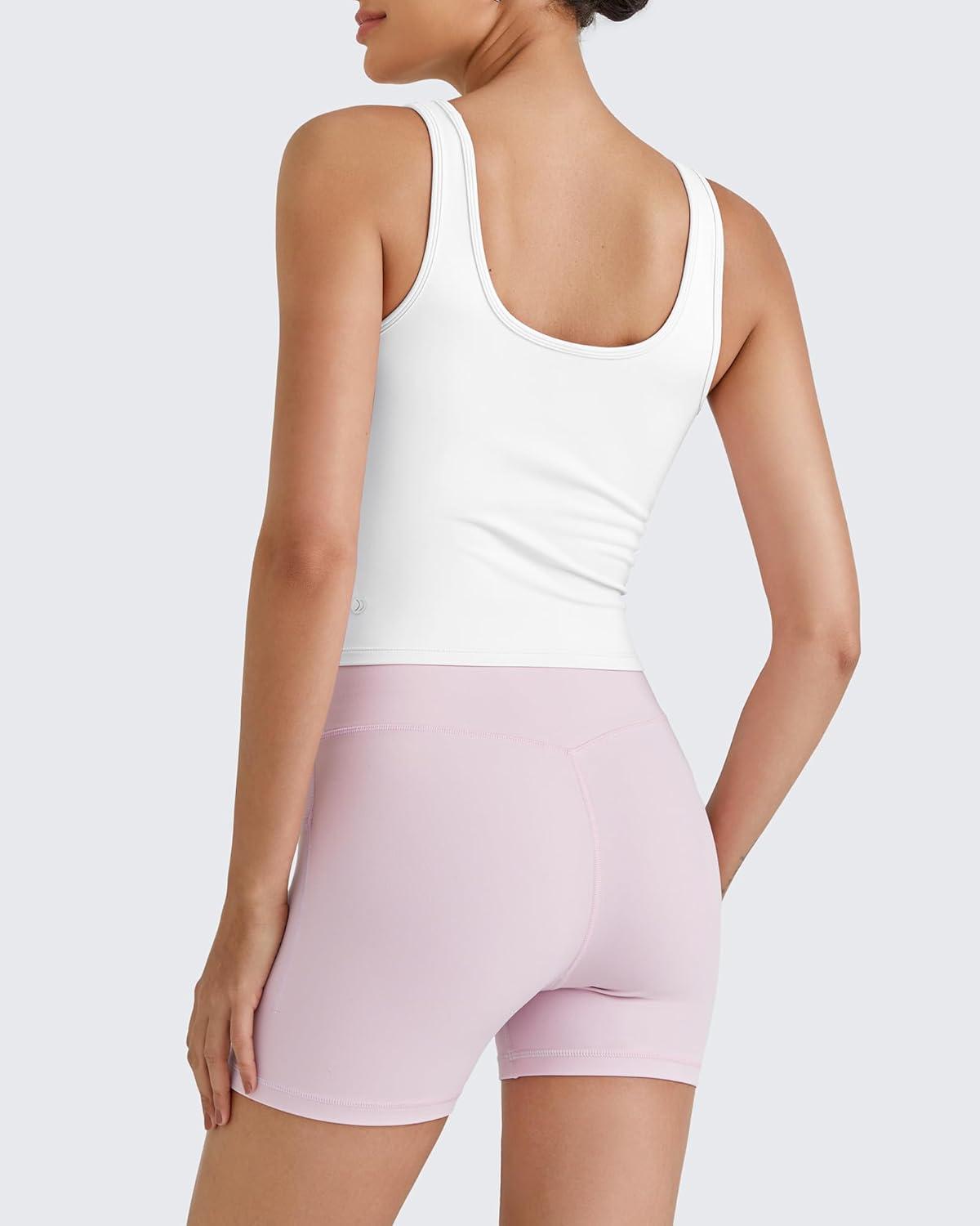 imageG4Free BareFeel Built in Bra Workout Tank Tops Removable Padded Longline Sports Bras Waist Length Athletic TanksWhite
