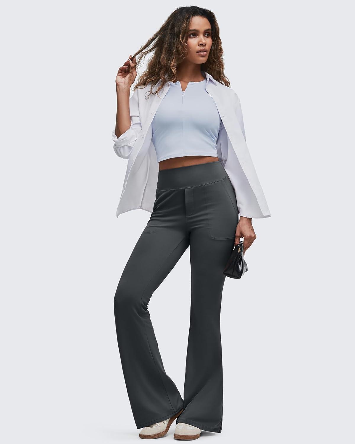 imageG4Free BareFeel Flare Yoga Pants Women High Waisted Bootcut Leggings with Pockets Dress Work Pant PetiteRegularTallDark Gray