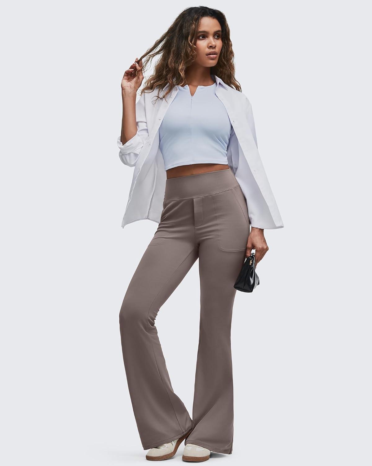 imageG4Free BareFeel Flare Yoga Pants Women High Waisted Bootcut Leggings with Pockets Dress Work Pant PetiteRegularTallTaupe