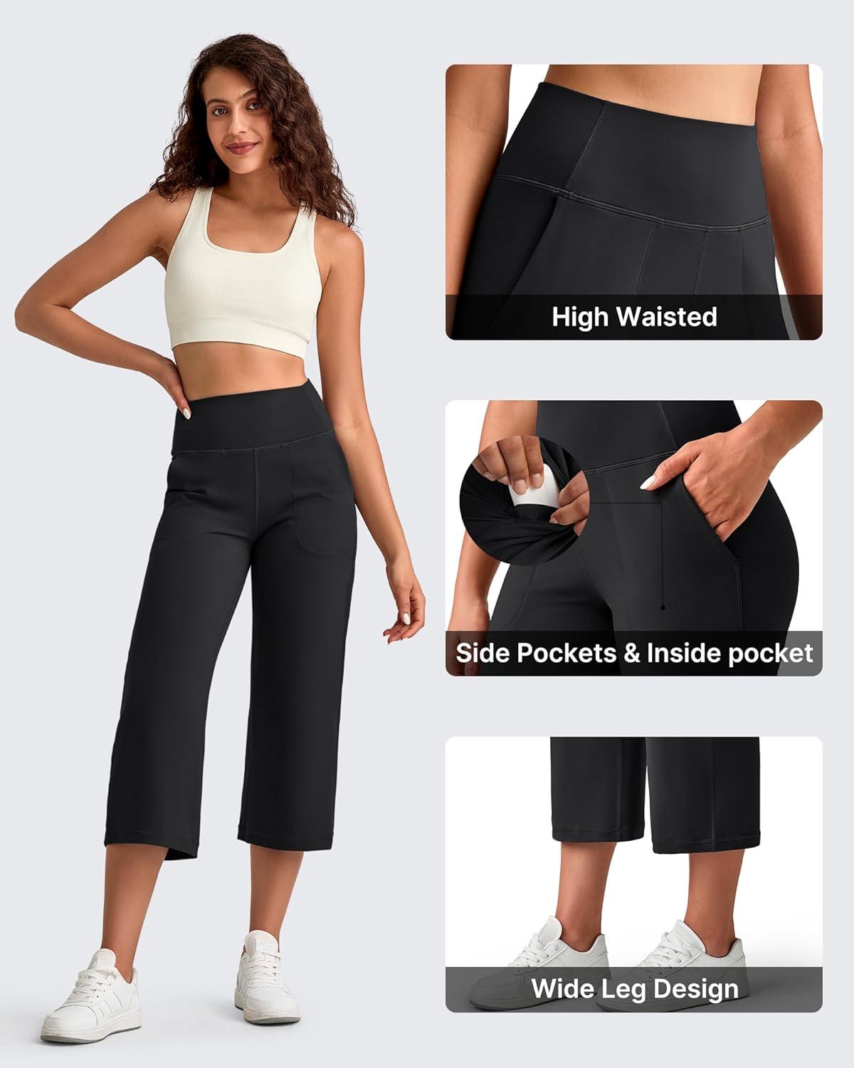 imageG4Free BareFeel High Stretch Capri Pants for Women Soft Wide Leg Yoga Pants High Waist Casual Capris with Pockets 21quot23quot25quotBlack