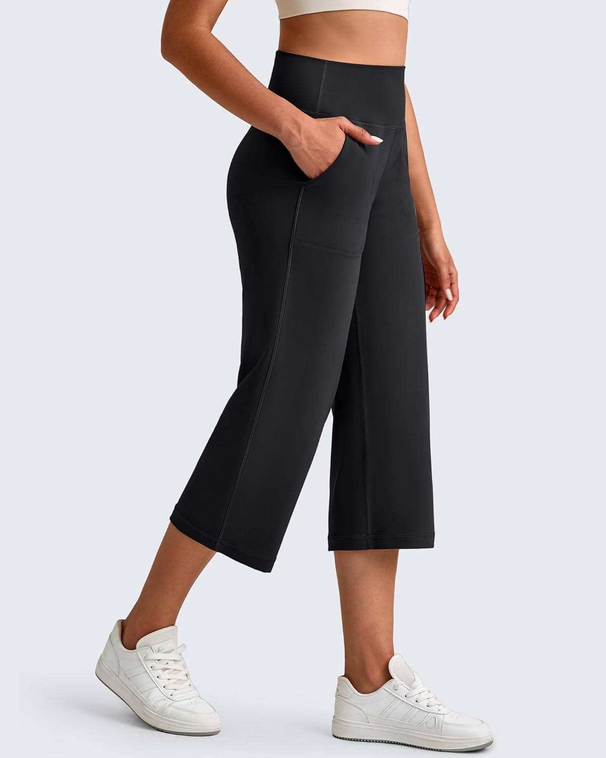 imageG4Free BareFeel High Stretch Capri Pants for Women Soft Wide Leg Yoga Pants High Waist Casual Capris with Pockets 21quot23quot25quotBlack