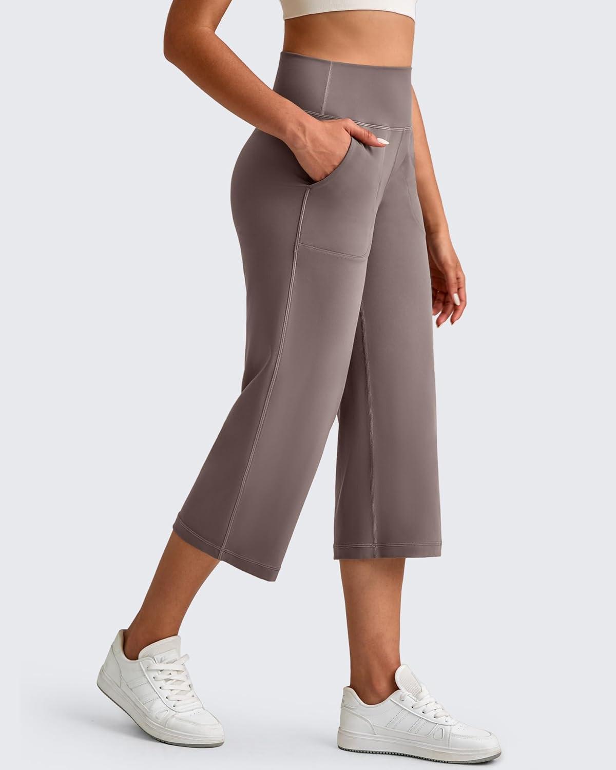 imageG4Free BareFeel High Stretch Capri Pants for Women Soft Wide Leg Yoga Pants High Waist Casual Capris with Pockets 21quot23quot25quotTaupe