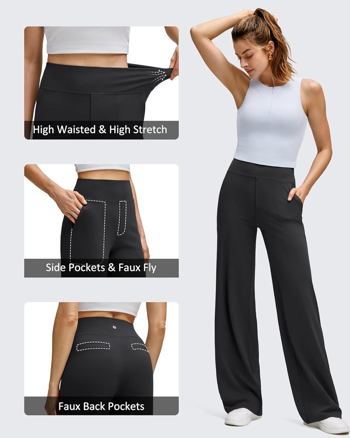 imageG4Free BareFeel High Stretch Wide Leg Pants for Women Soft Comfy Casual Yoga Pants with Pockets PetiteRegularTallBlack