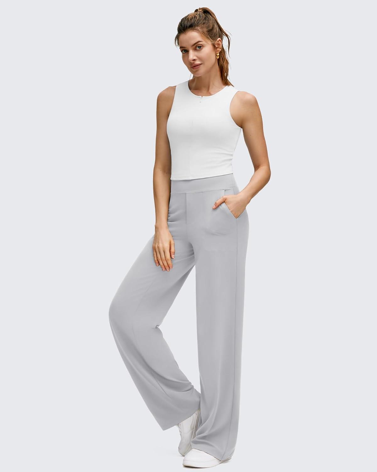 imageG4Free BareFeel High Stretch Wide Leg Pants for Women Soft Comfy Casual Yoga Pants with Pockets PetiteRegularTallChrim Gray