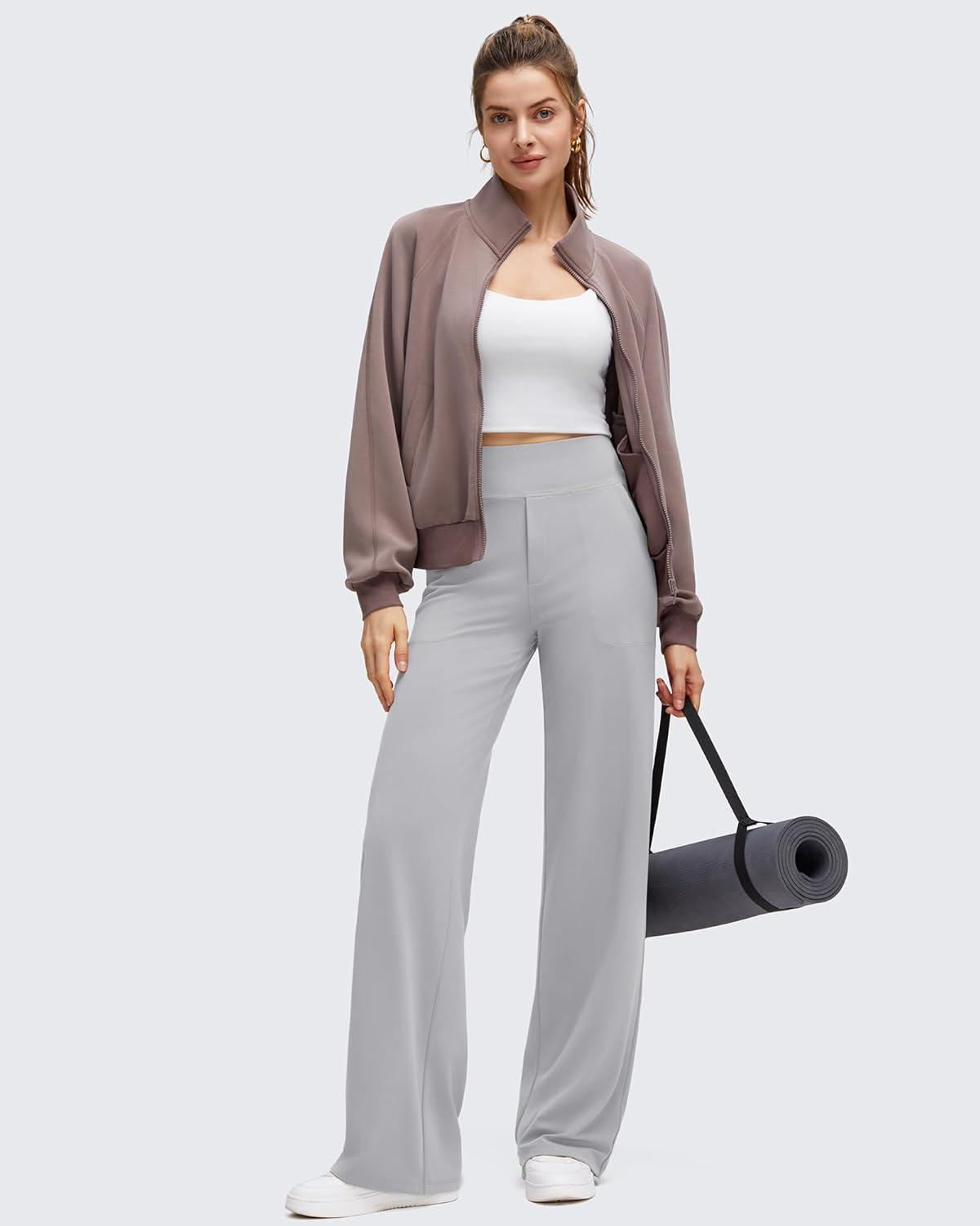 imageG4Free BareFeel High Stretch Wide Leg Pants for Women Soft Comfy Casual Yoga Pants with Pockets PetiteRegularTallChrim Gray