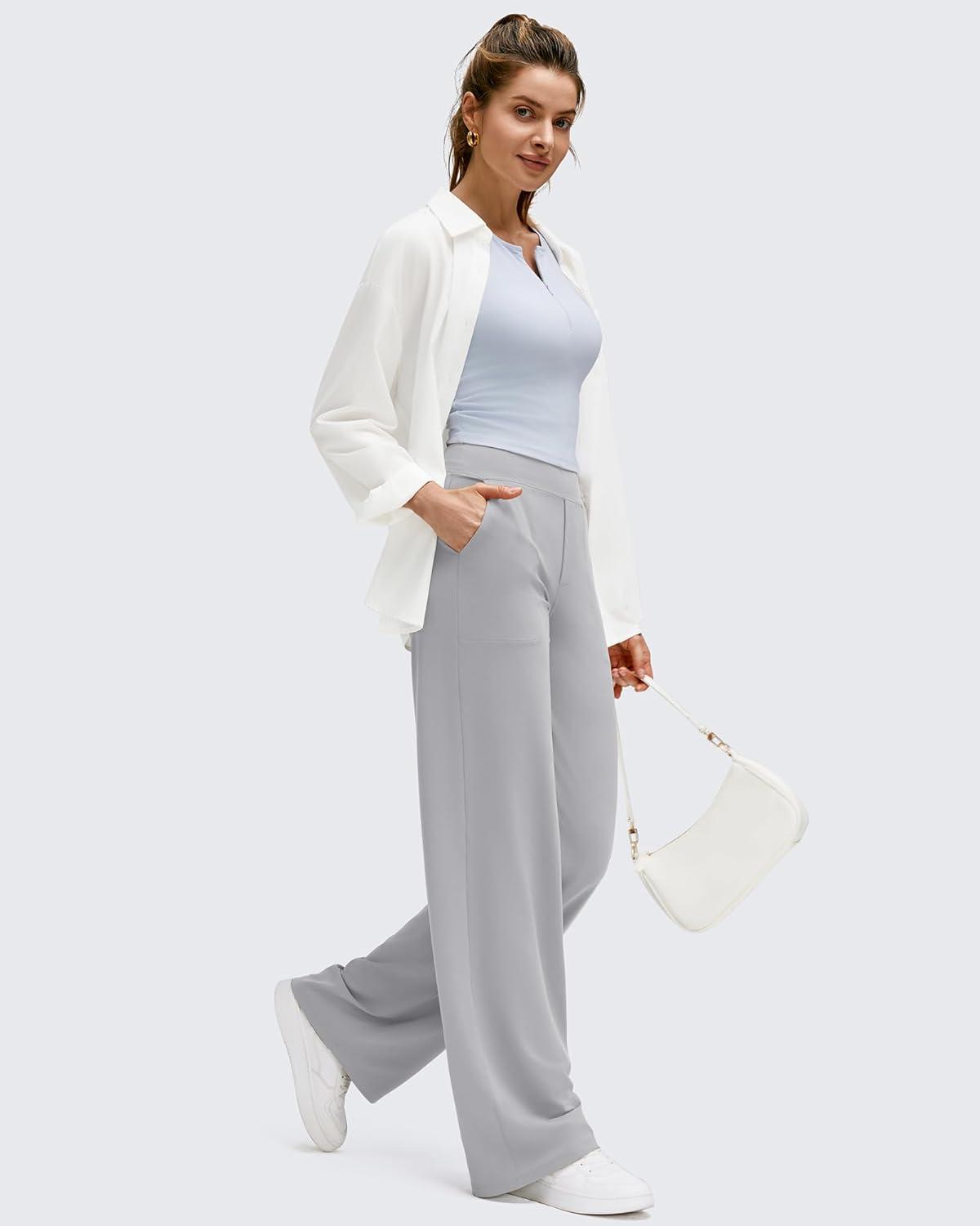 imageG4Free BareFeel High Stretch Wide Leg Pants for Women Soft Comfy Casual Yoga Pants with Pockets PetiteRegularTallChrim Gray