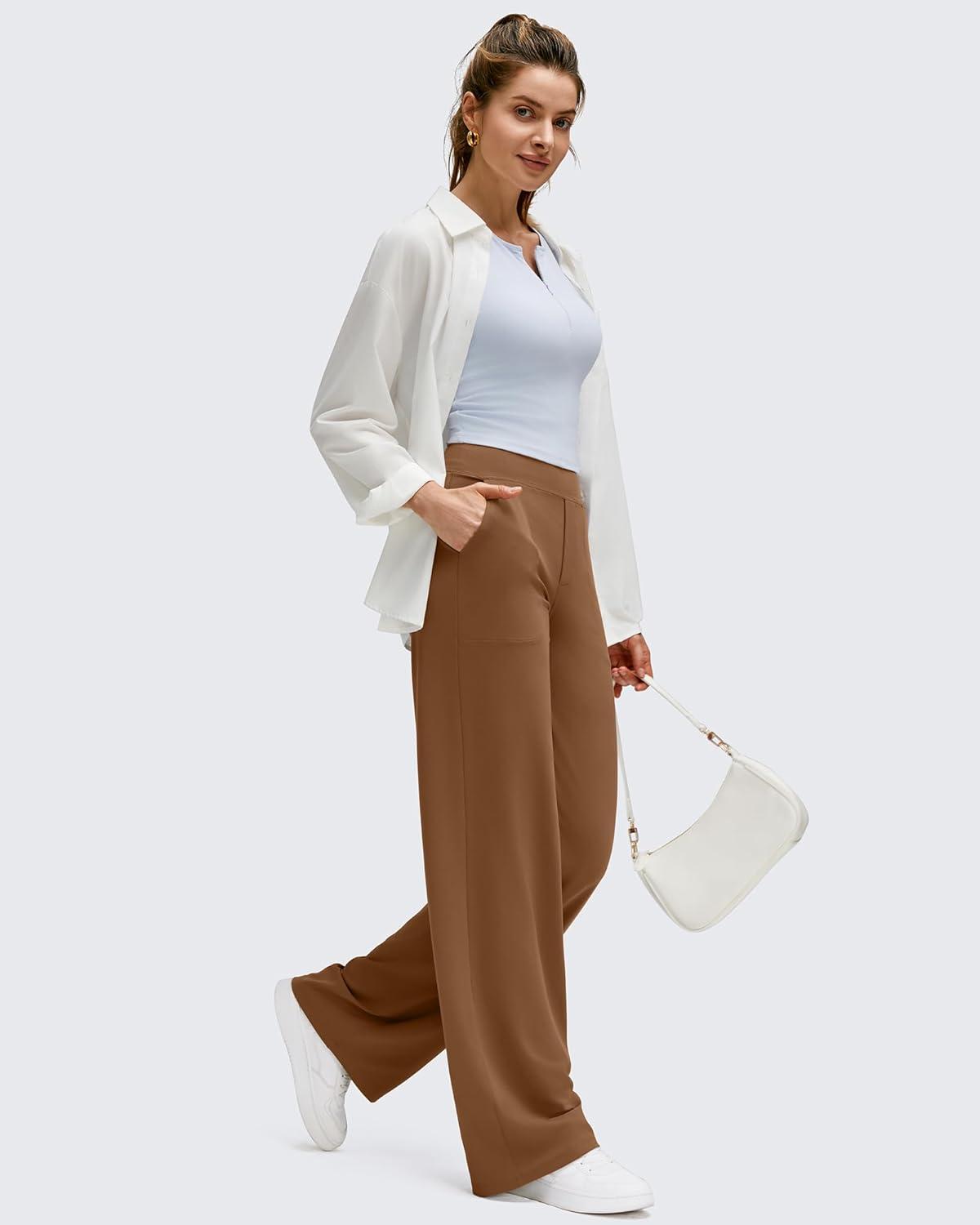 imageG4Free BareFeel High Stretch Wide Leg Pants for Women Soft Comfy Casual Yoga Pants with Pockets PetiteRegularTallDark Coffee
