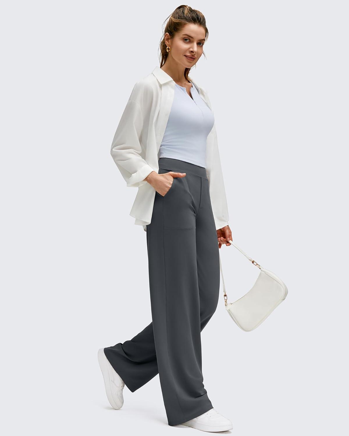 imageG4Free BareFeel High Stretch Wide Leg Pants for Women Soft Comfy Casual Yoga Pants with Pockets PetiteRegularTallDark Gray