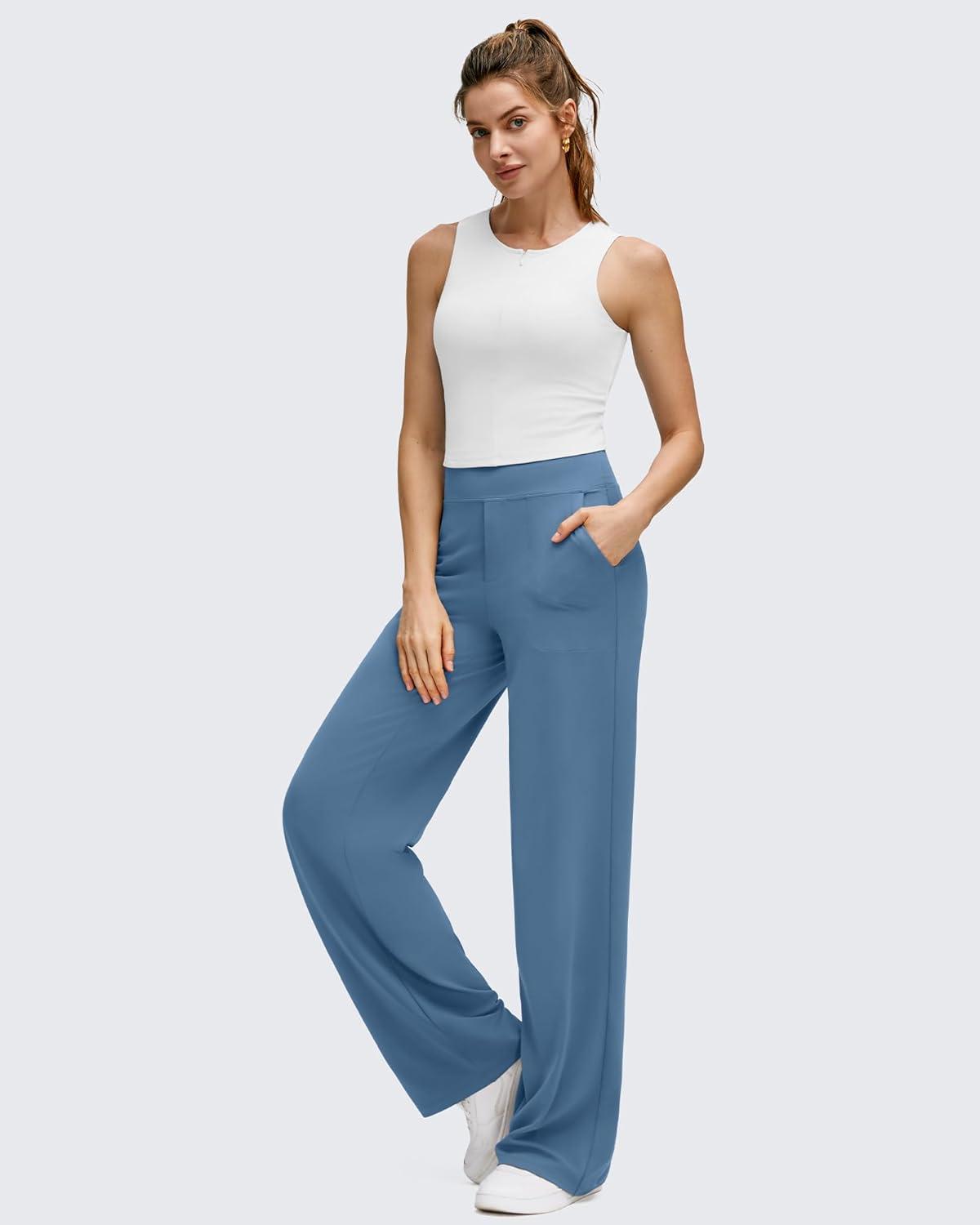 imageG4Free BareFeel High Stretch Wide Leg Pants for Women Soft Comfy Casual Yoga Pants with Pockets PetiteRegularTallGray Blue