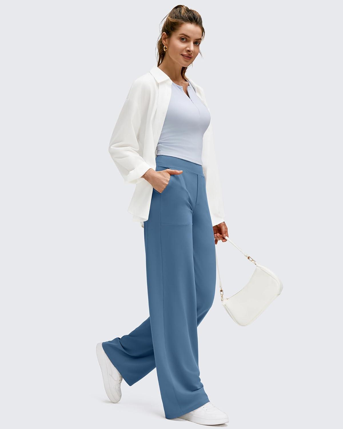 imageG4Free BareFeel High Stretch Wide Leg Pants for Women Soft Comfy Casual Yoga Pants with Pockets PetiteRegularTallGray Blue