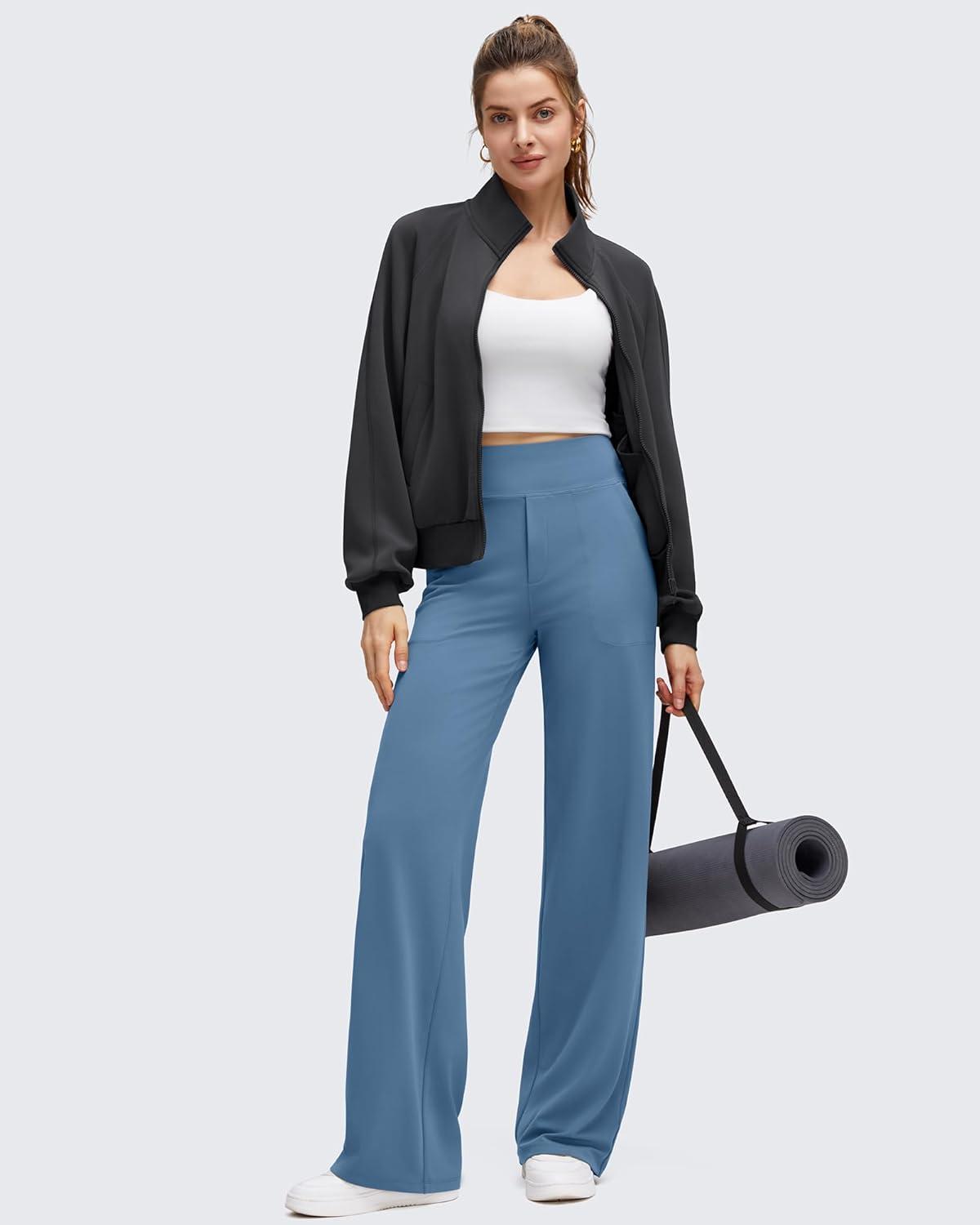 imageG4Free BareFeel High Stretch Wide Leg Pants for Women Soft Comfy Casual Yoga Pants with Pockets PetiteRegularTallGray Blue