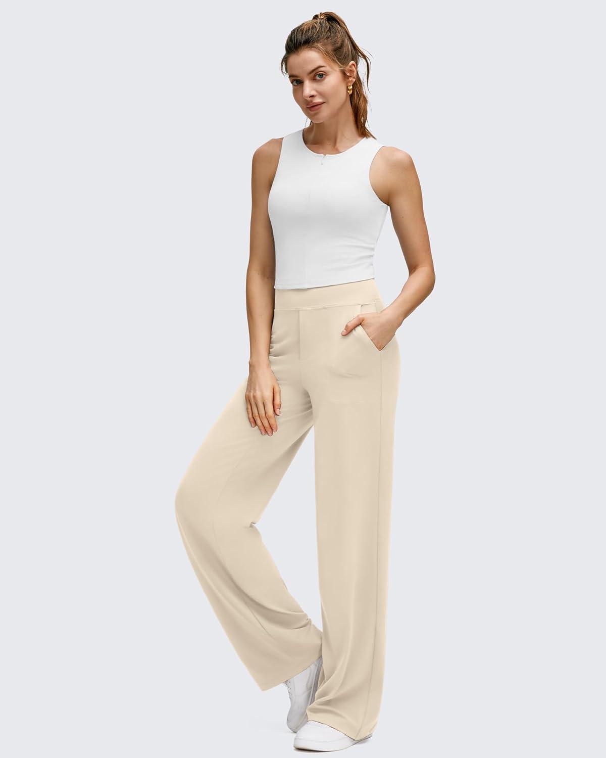 imageG4Free BareFeel High Stretch Wide Leg Pants for Women Soft Comfy Casual Yoga Pants with Pockets PetiteRegularTallLight Khaki