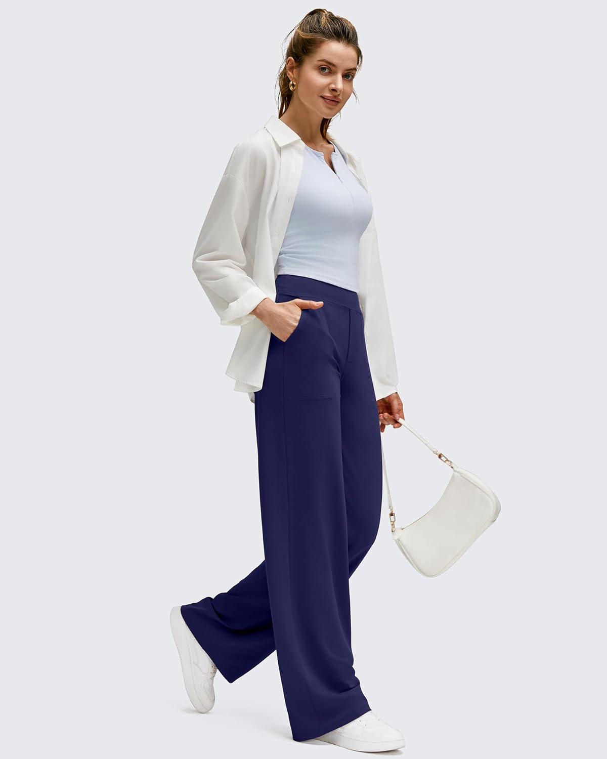imageG4Free BareFeel High Stretch Wide Leg Pants for Women Soft Comfy Casual Yoga Pants with Pockets PetiteRegularTallRoyal Blue