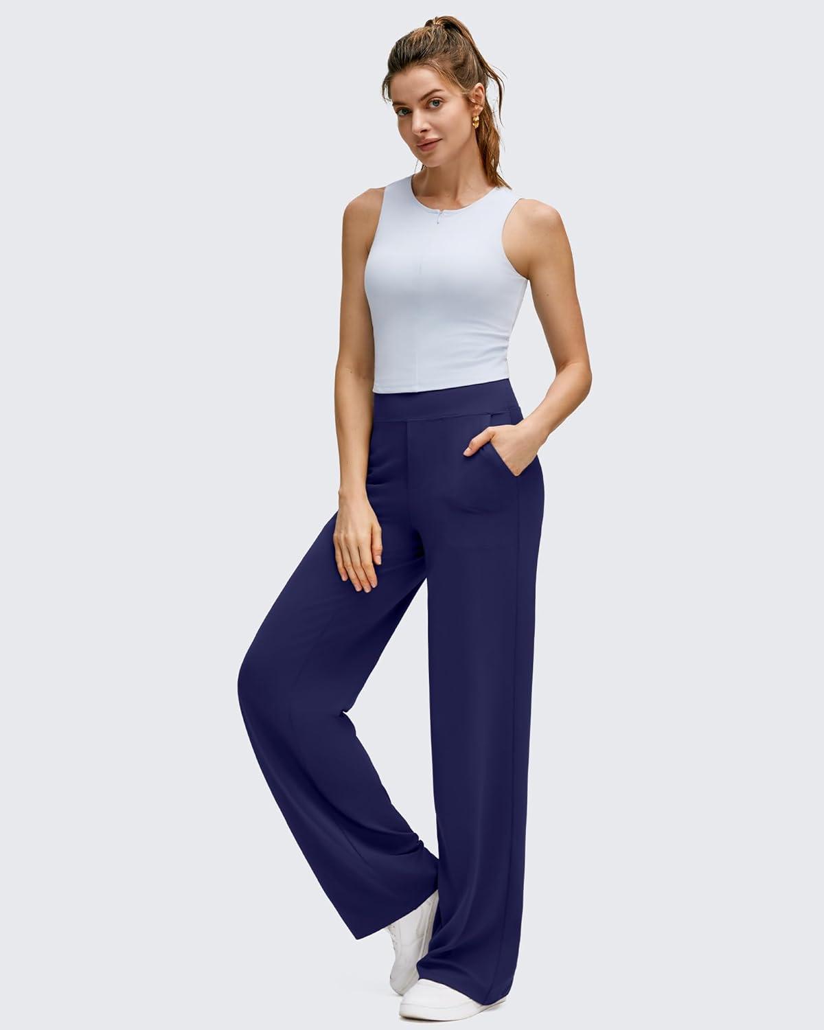imageG4Free BareFeel High Stretch Wide Leg Pants for Women Soft Comfy Casual Yoga Pants with Pockets PetiteRegularTallRoyal Blue