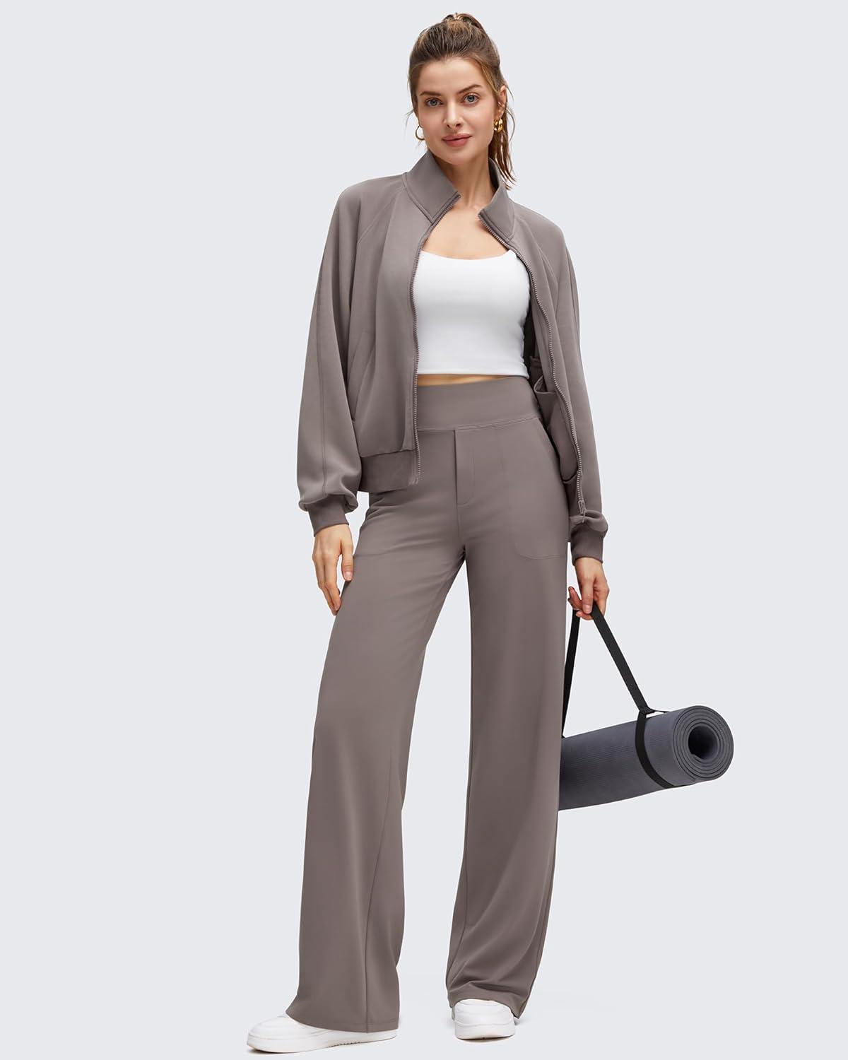 imageG4Free BareFeel High Stretch Wide Leg Pants for Women Soft Comfy Casual Yoga Pants with Pockets PetiteRegularTallTaupe