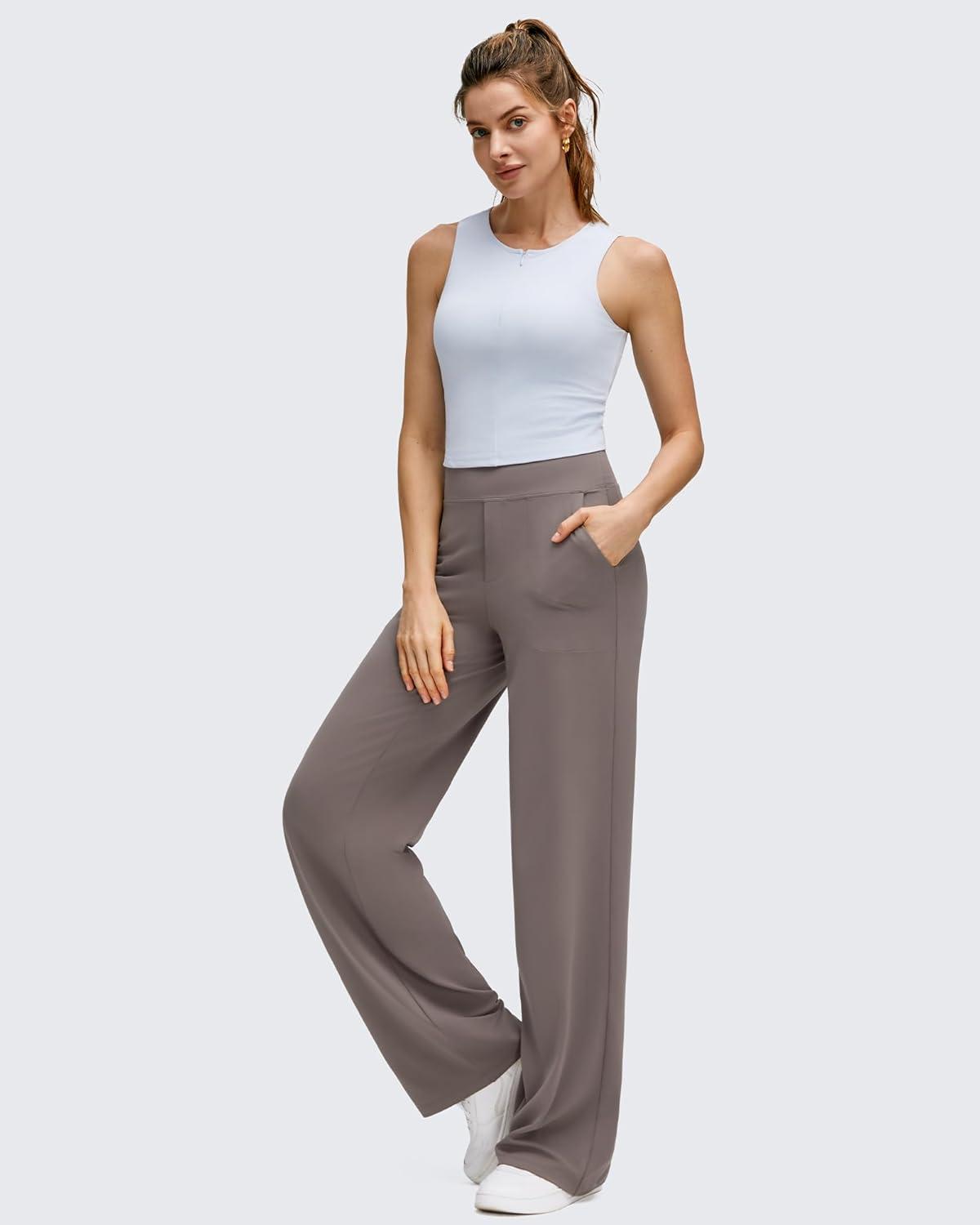 imageG4Free BareFeel High Stretch Wide Leg Pants for Women Soft Comfy Casual Yoga Pants with Pockets PetiteRegularTallTaupe