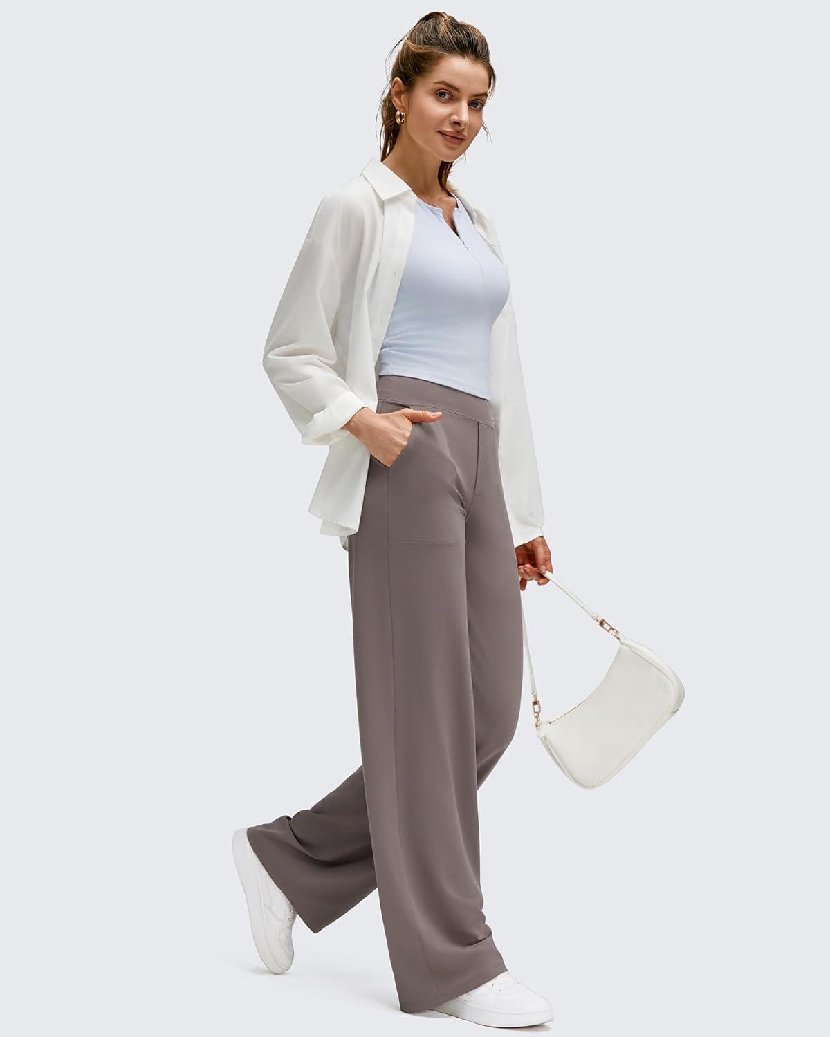 imageG4Free BareFeel High Stretch Wide Leg Pants for Women Soft Comfy Casual Yoga Pants with Pockets PetiteRegularTallTaupe