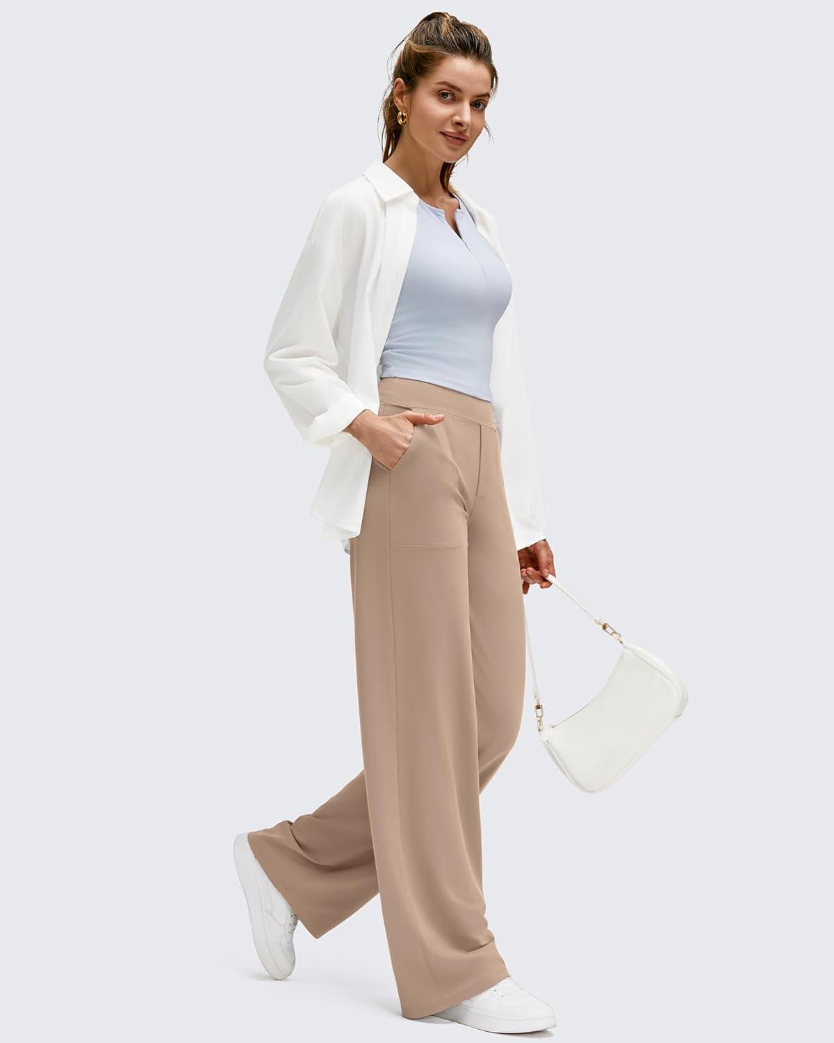 imageG4Free BareFeel High Stretch Wide Leg Pants for Women Soft Comfy Casual Yoga Pants with Pockets PetiteRegularTallToffee