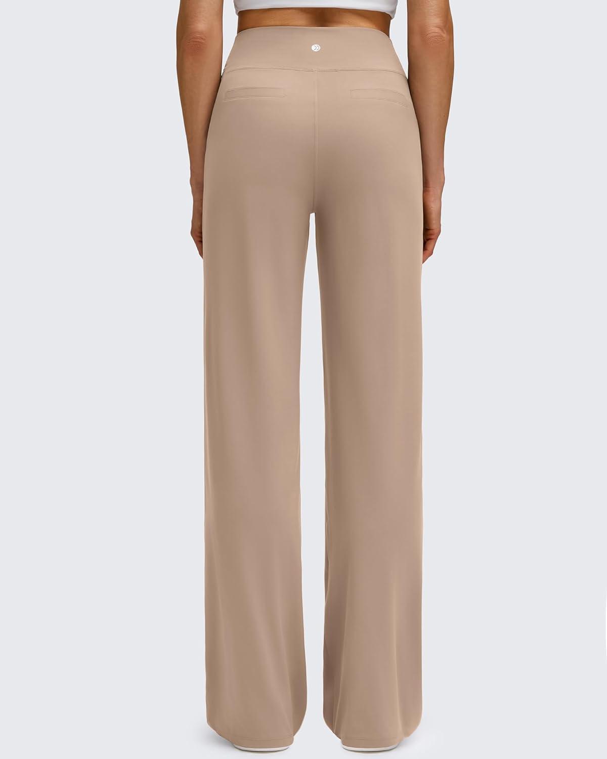 imageG4Free BareFeel High Stretch Wide Leg Pants for Women Soft Comfy Casual Yoga Pants with Pockets PetiteRegularTallToffee