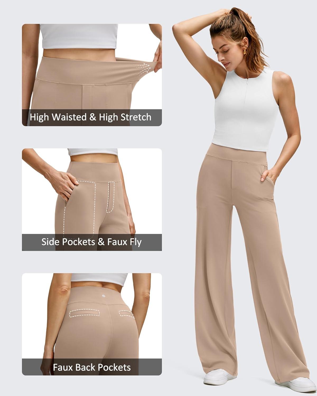 imageG4Free BareFeel High Stretch Wide Leg Pants for Women Soft Comfy Casual Yoga Pants with Pockets PetiteRegularTallToffee