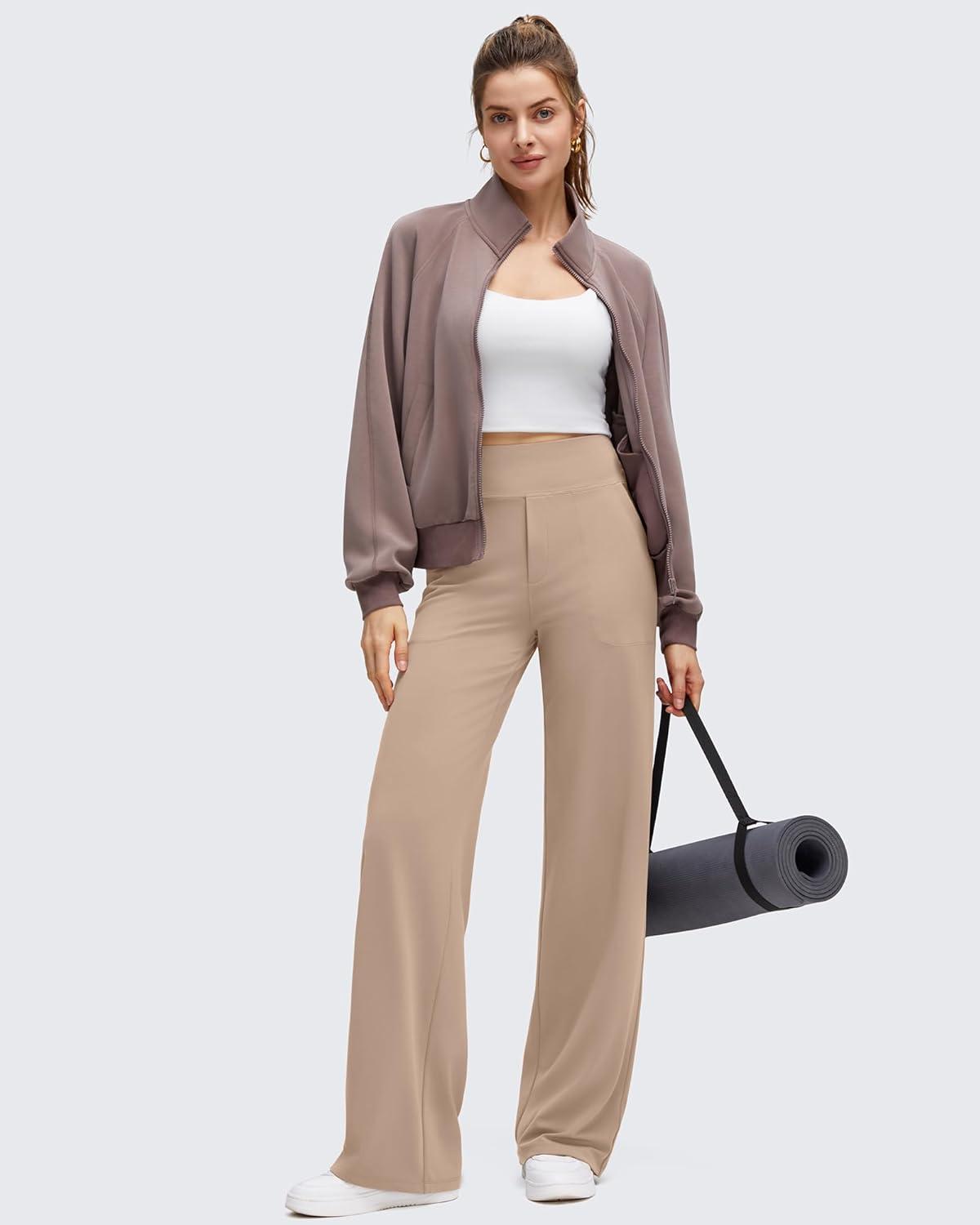 imageG4Free BareFeel High Stretch Wide Leg Pants for Women Soft Comfy Casual Yoga Pants with Pockets PetiteRegularTallToffee