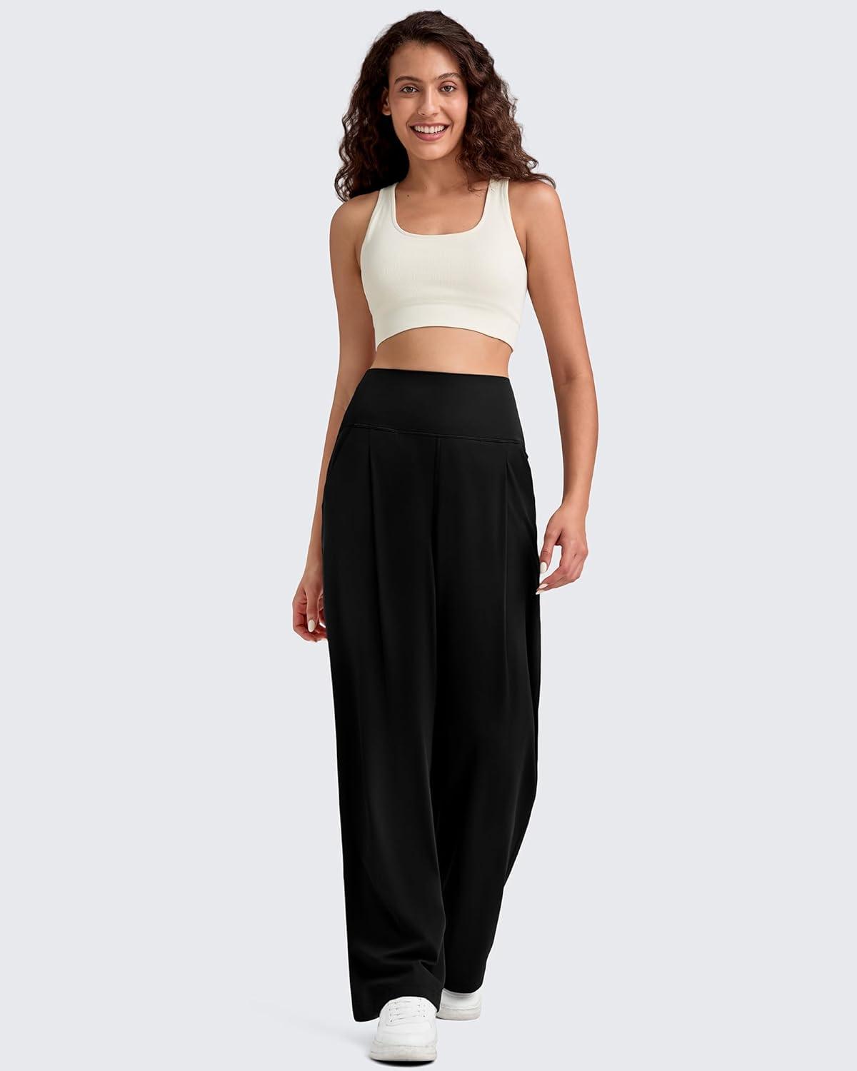 imageG4Free BareFeel High Stretch Wide Leg Pants for Women Soft High Waisted Pleated Casual Pants with Pockets 28quot30quot32quotBlack