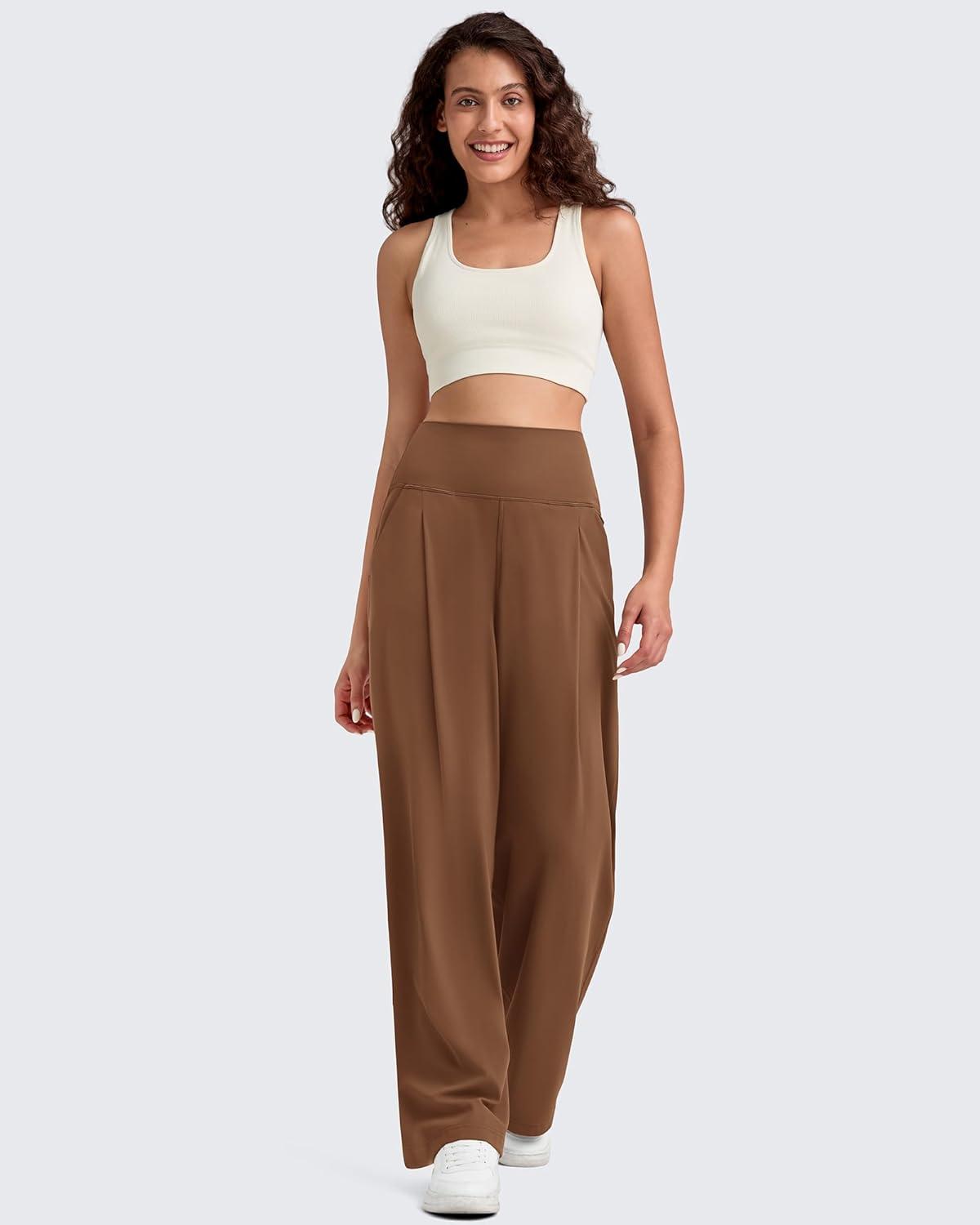 imageG4Free BareFeel High Stretch Wide Leg Pants for Women Soft High Waisted Pleated Casual Pants with Pockets 28quot30quot32quotDark Coffee