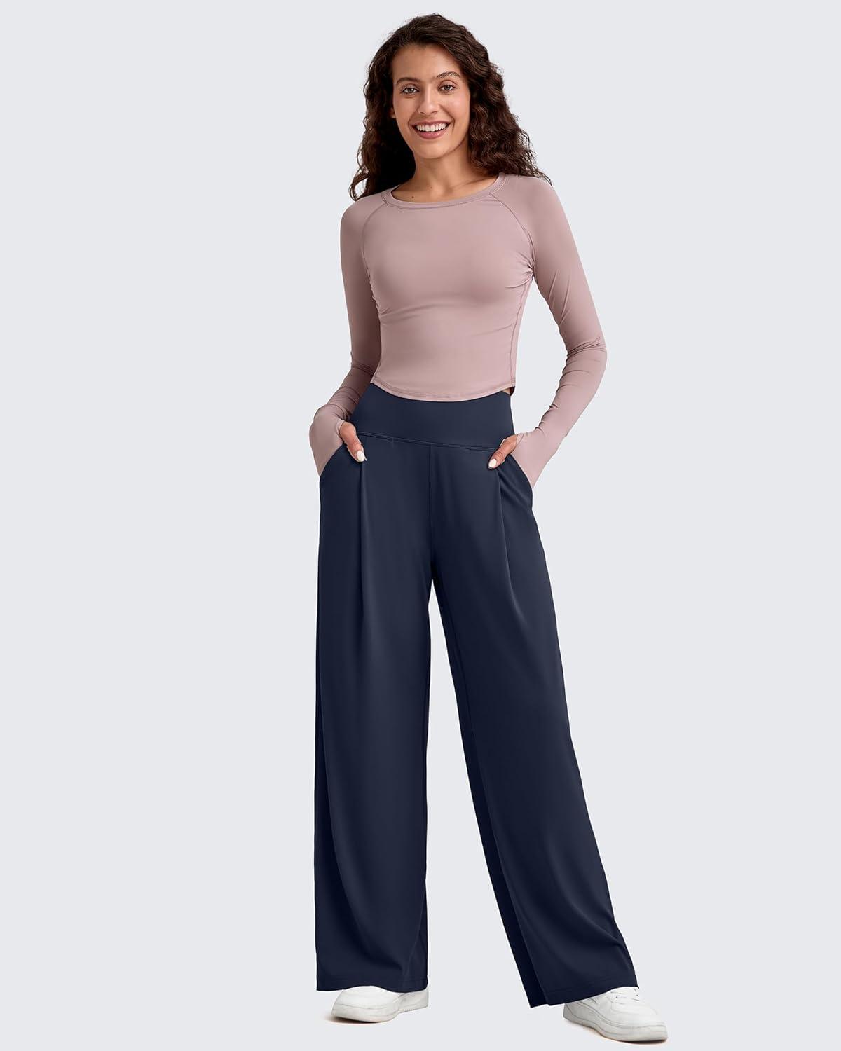 imageG4Free BareFeel High Stretch Wide Leg Pants for Women Soft High Waisted Pleated Casual Pants with Pockets 28quot30quot32quotDark Navy